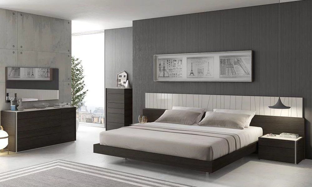 Modern Light Grey Lacquer & Wenge Veneer King Size Bedroom Set 5Pcs J&M Porto
