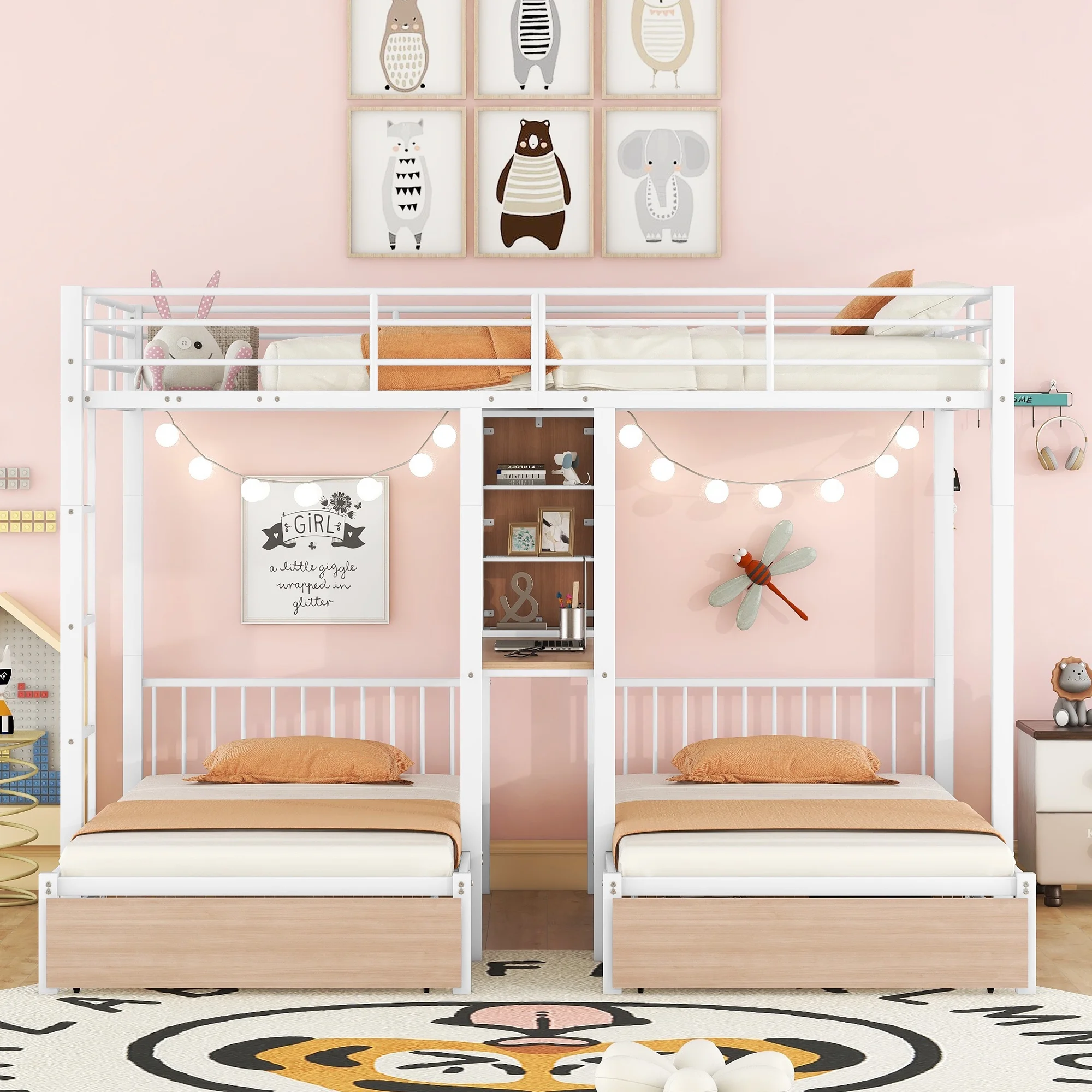 Bellemave Triple Bunk Bed with Storage Drawers and Desk Full over Twin and Twin Metal Bunk Bed Frame with Shelves and Ladder Space Saving Convertible 3 Bunk Bed for Kids, Teens, Boys, Girls, White