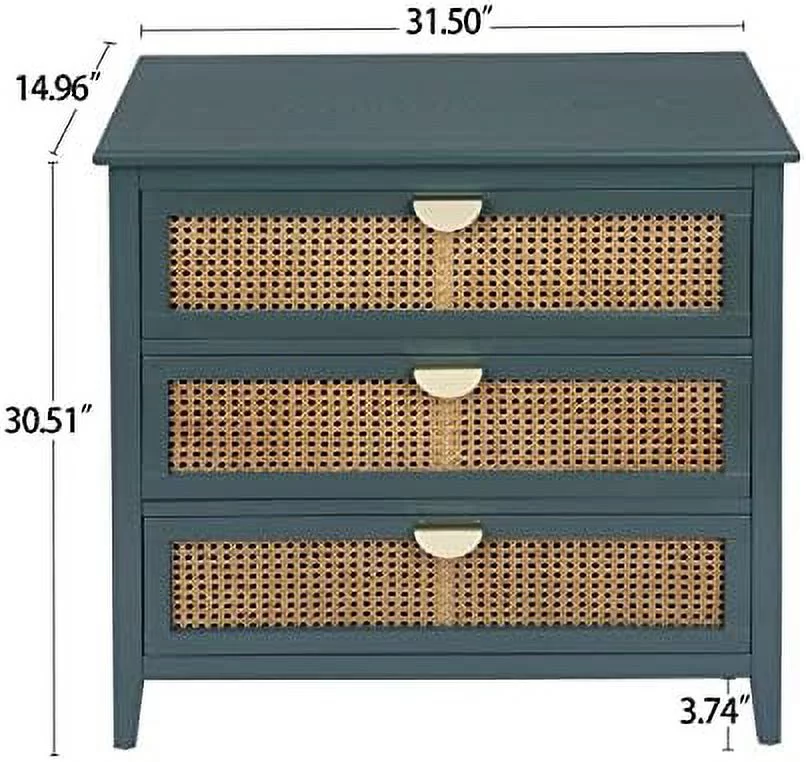 KHBIULIFE Rattan Dresser Cabinet with 3 Drawers Modern Nightstand End Table Coffee Table Suitable for Bedroom Living Room Study(Blue)