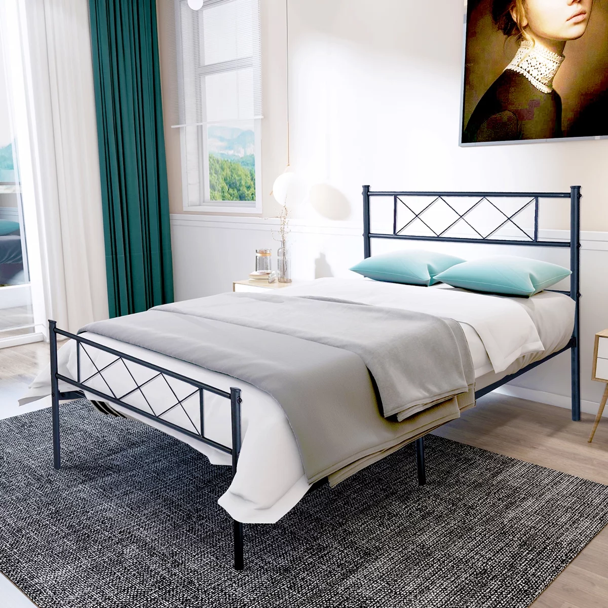 Bangmart  Metal Ful Bed Frame with Headboard,Full Size Platform Bed Frame For Adult Kids,78x41 in