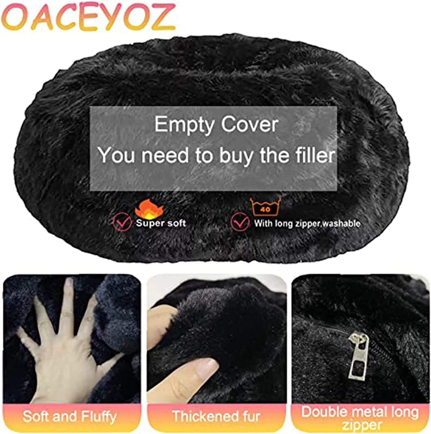 SHANNA Bean Bag Chair Cover Lazy Sofa Cover Round Soft Fluffy Faux Fur BeanBag Cover, 5ft, Black