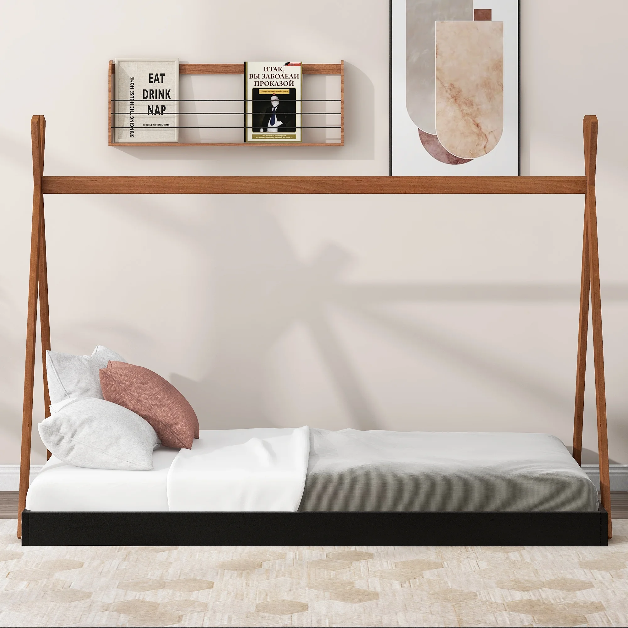 CoSoTower Twin Size Tent Floor Bed with Triangle Structure, Black+Brown