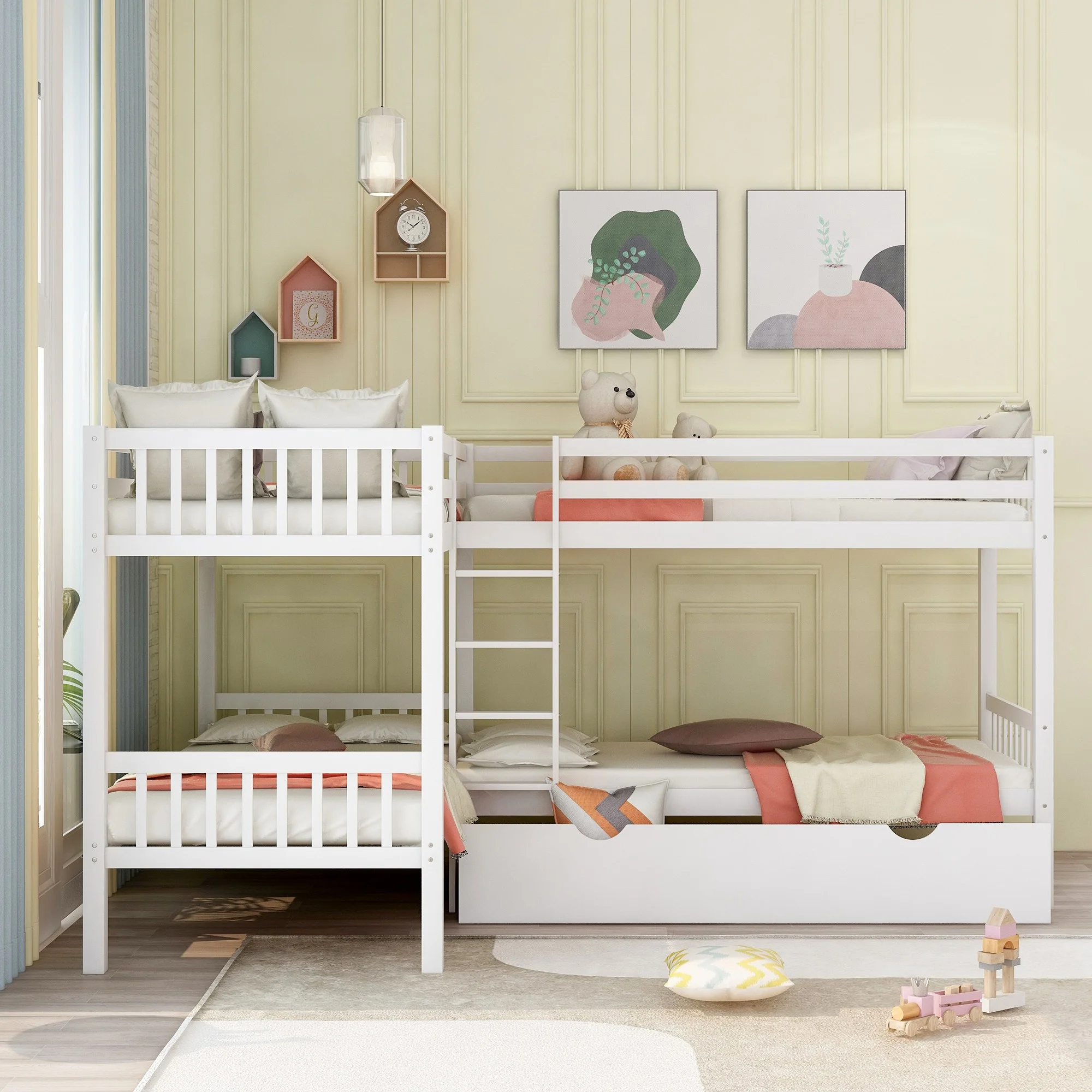 HomeRoots 403912 White Twin Size L Shaped Double Bunk Bed with Drawer