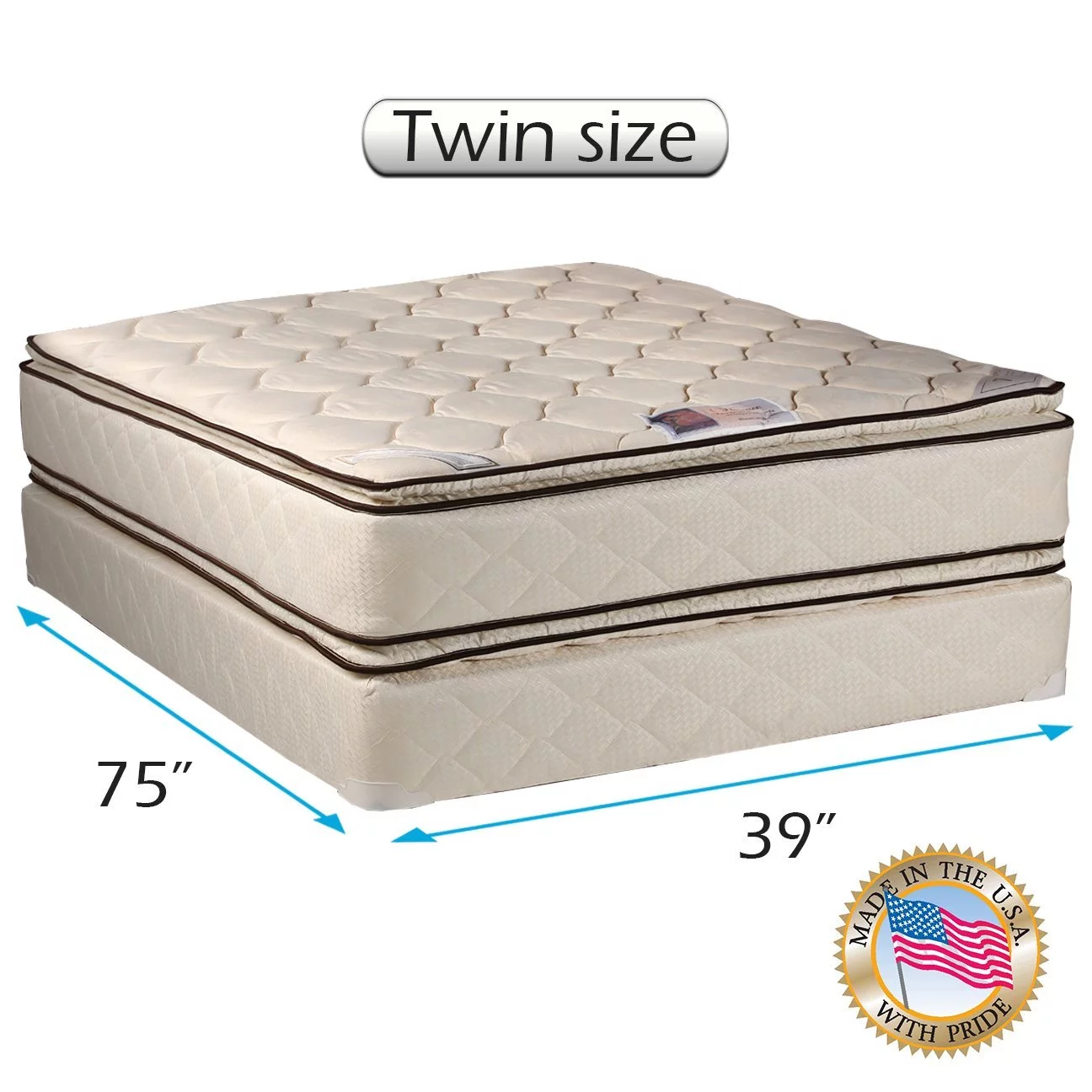 DS USA Coil Comfort 2-Sided Pillow Top Twin Mattress Set with Bed Frame Included - Sleep System with Enhanced Cushion Support, Orthopedic, Longlasting Comfort