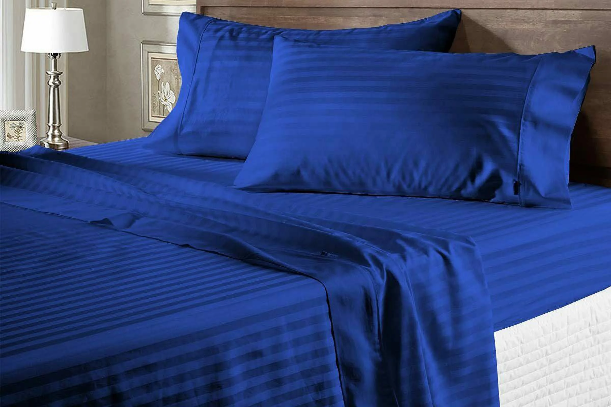 King Size 100% Egyptian Cotton 5 Piece Bedding, Luxury Sheet Set with 18 Inch Deep Pocket - 400TC Comfortable & Machine Washable Sheets - Royal Blue Stripe.