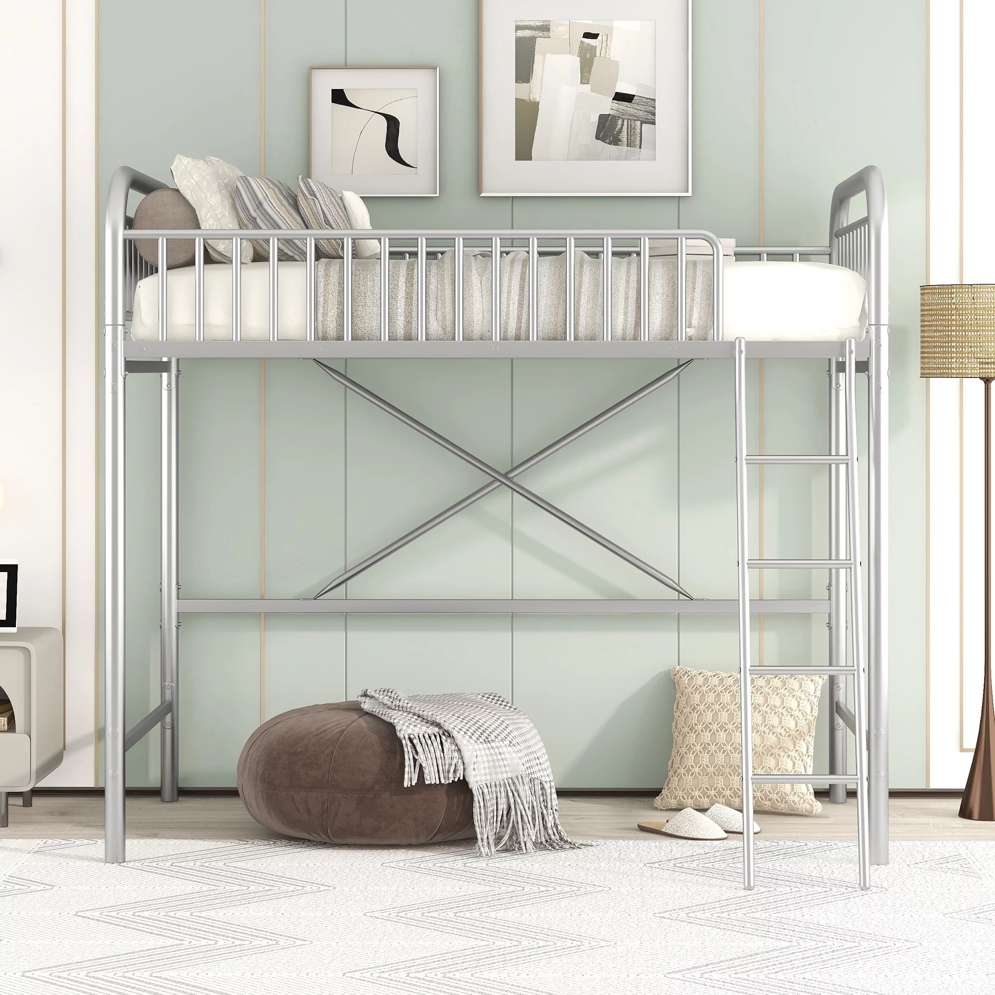 EUROCO Twin Metal Loft Bed with Ladde for Kids, Silver