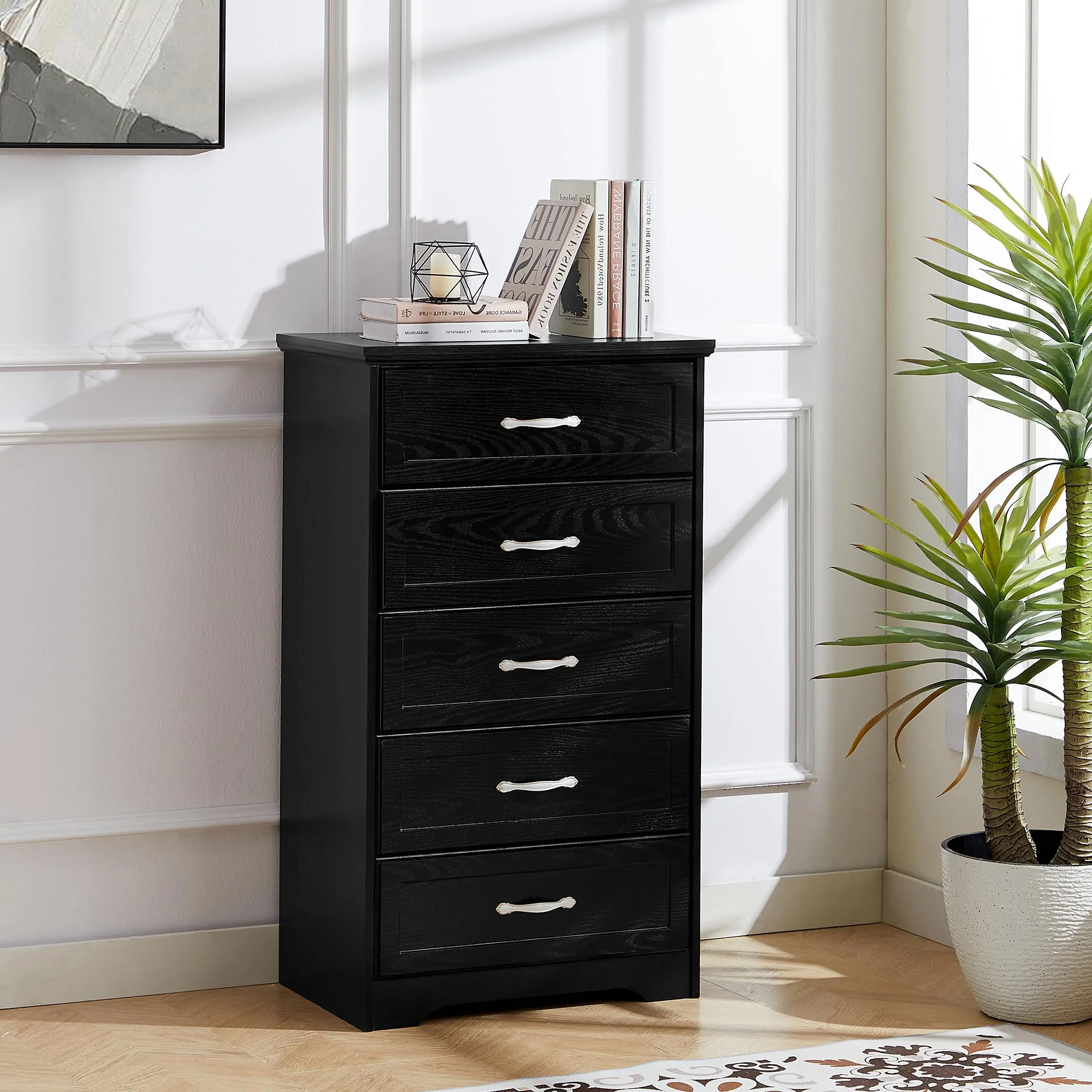 Modern 5 Tier Bedroom Chest of Drawers, Dresser with Drawers, Clothes Organizer -Metal Pulls for Living Room, Bedroom, Hallway, 25.2″L x 15.8″W x 43.5″H