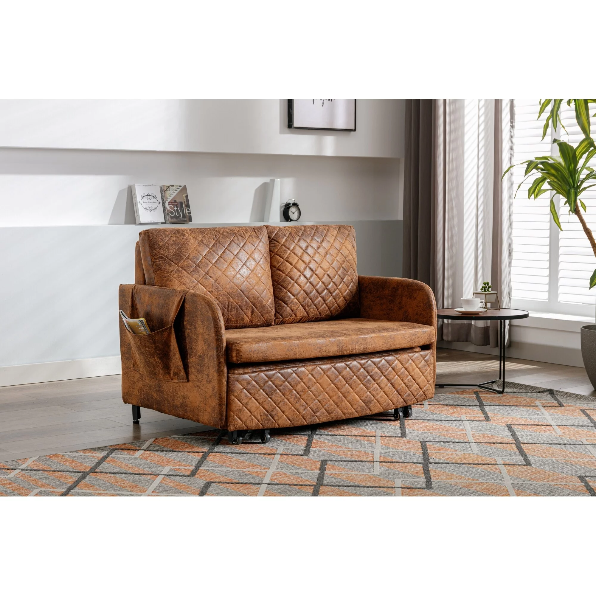 HOMEFUN Linen/PU Loveseat Convertible Storage Sleeper Sofa Bed with Headboard Coffee+Linen