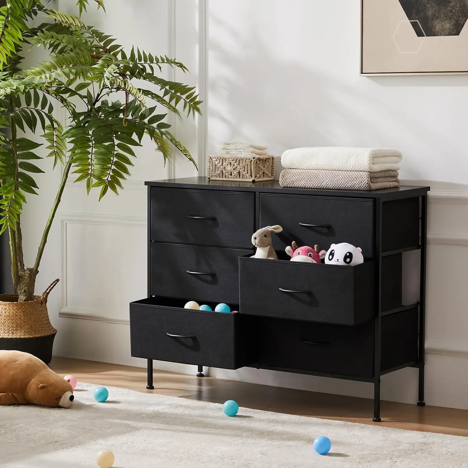 Dresser for Bedroom with 6 Fabric Drawers, Small Chest Storage Tower, Organizer Units for Clothing Closet, Kidsroom Furniture, Steel Frame, Wood Top, Lightweight Quick Assemble Cabinet