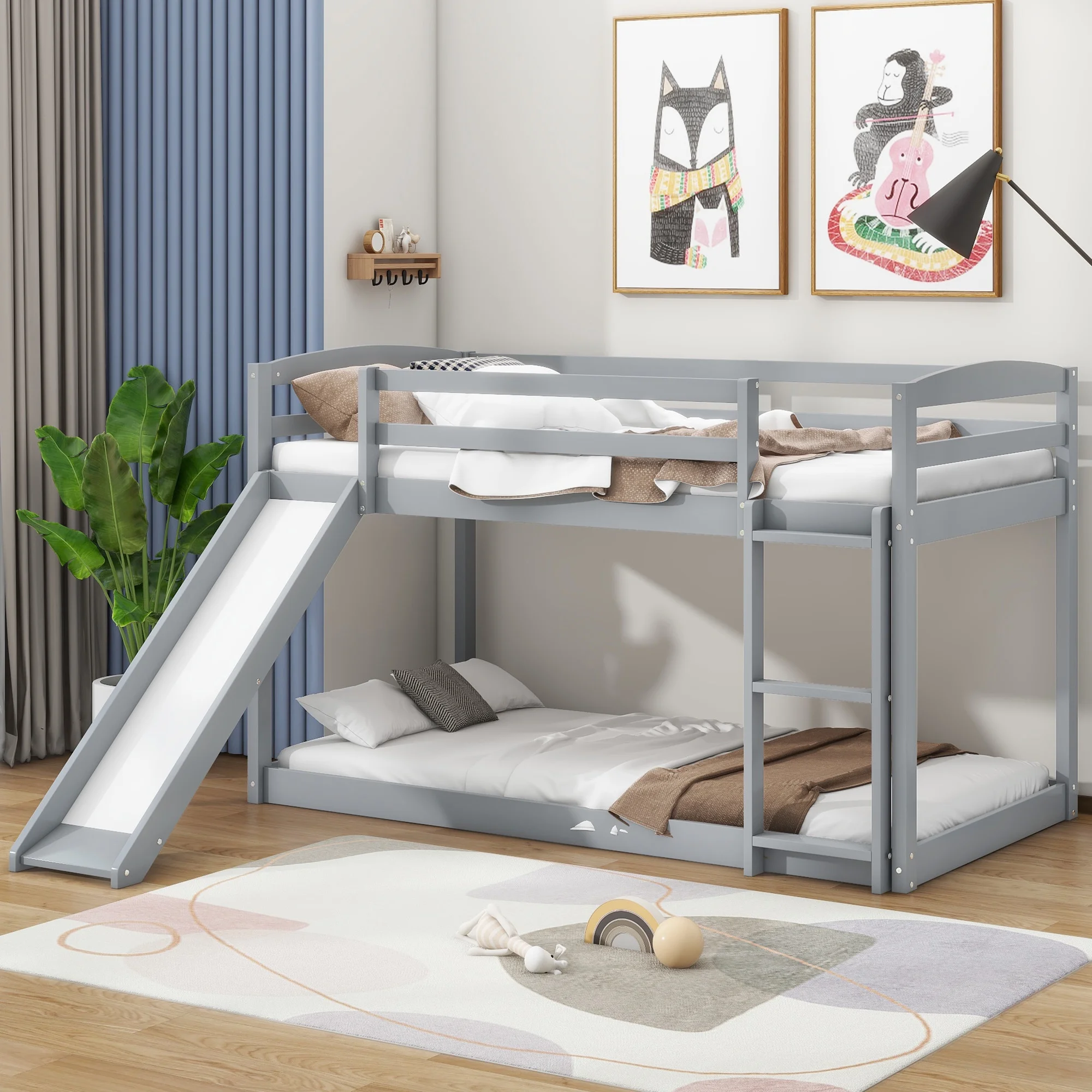 Euroco Twin over Twin Low Bunk Bed with Slide and Ladder for Kids Room, Gray