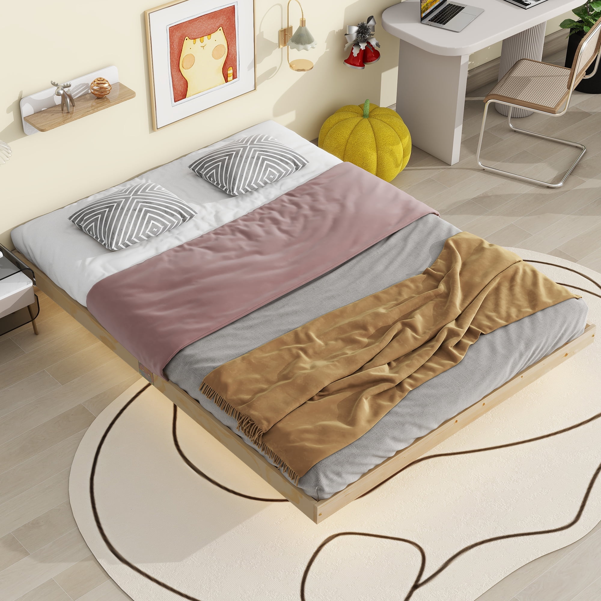 Natural Queen Size Floating Bed with Ambient LED Underlighting - Sleek Low Profile Design