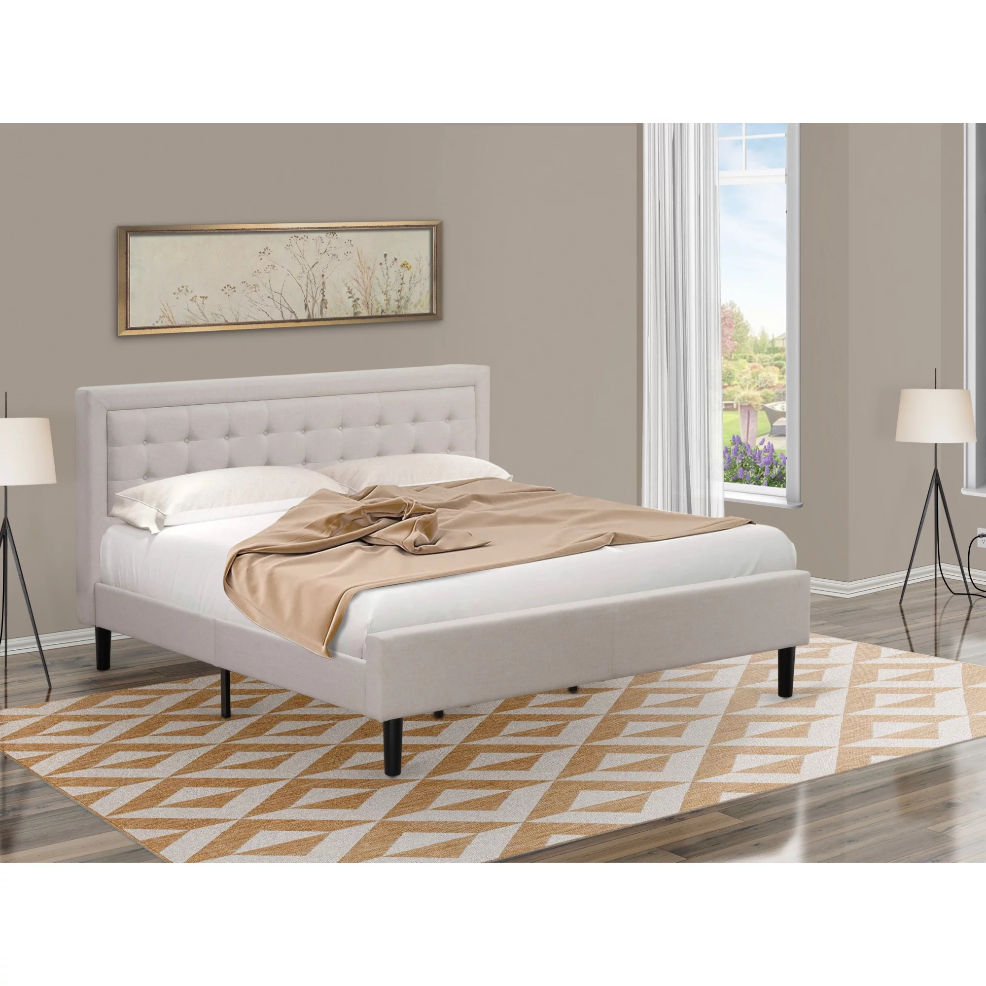 East West Furniture Fannin Wood and Linen Fabric King Size Bed in Mist Beige