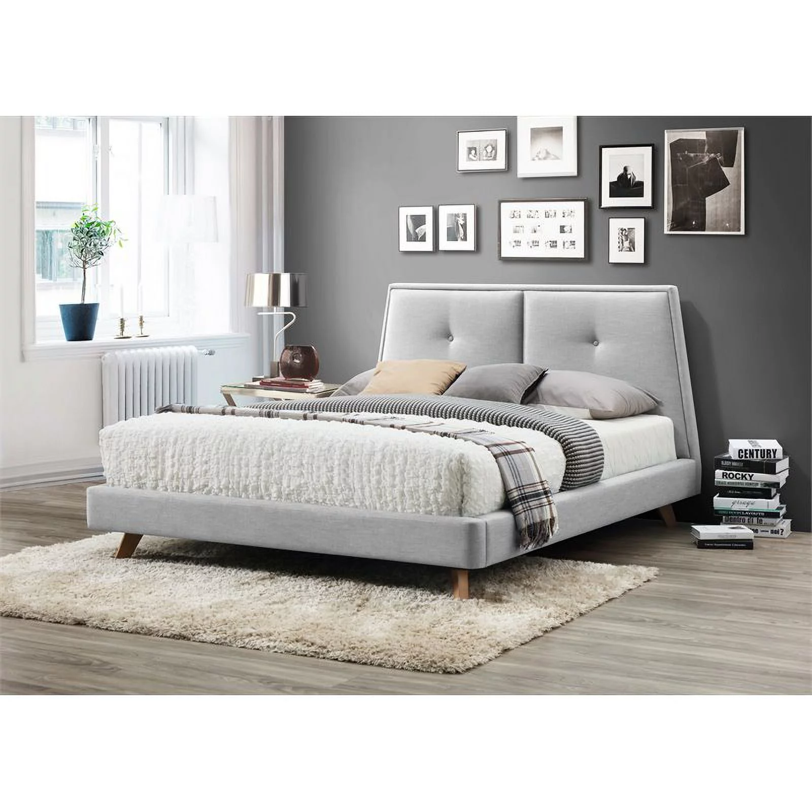 Omax Decor Kenzie Wood and Fabric Upholstered Queen Platform Bed in Light Gray