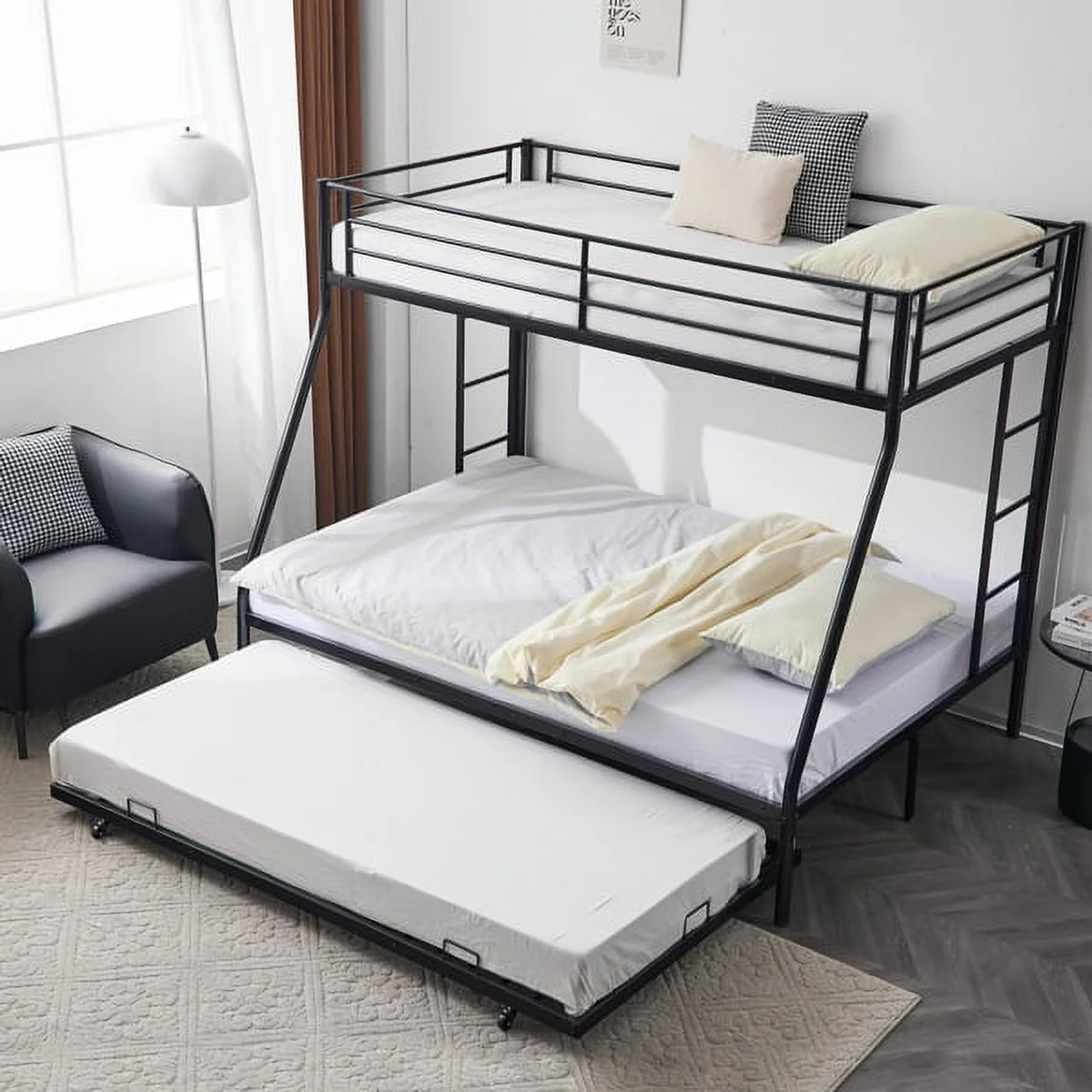 SYTHERS Black Twin Over Full Triple Bunk Bed with Trundle:Triple Bunk Beds, Sturdy Steel Bunk Beds Frame for 3 Kids/Teens with Two Side Ladders and Safety Guard Rail