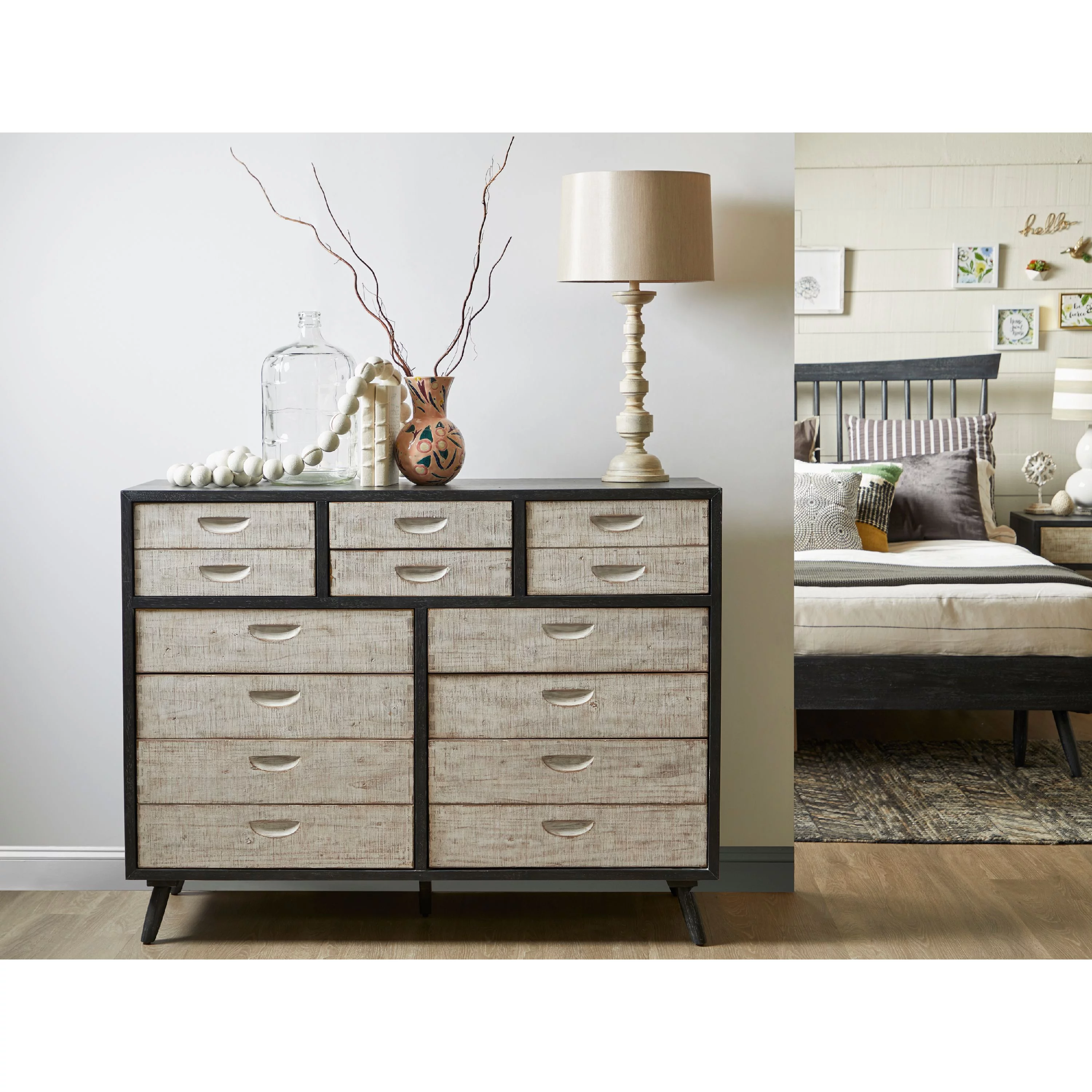 Home Meridian Rustic 10 Drawer Dresser in Weathered Black and White