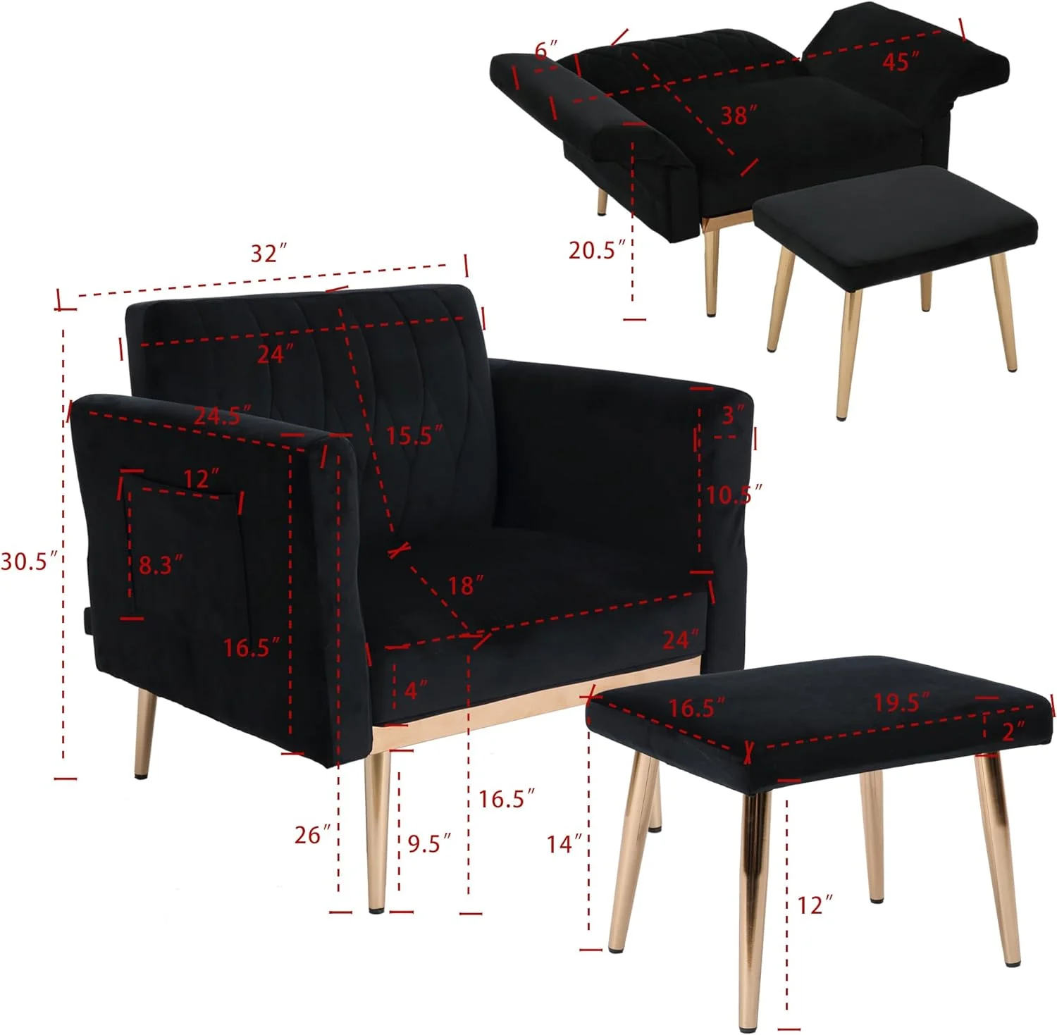 Yone jx je Velvet 2 in 1 Accent Chair with Ottoman,Modern Tufted Single Sofa Armchair with Adjustable Backrest,Armrests,Convertible Sleeper Recliner Lounge Chair for Living Room Bedroom Office (Black)