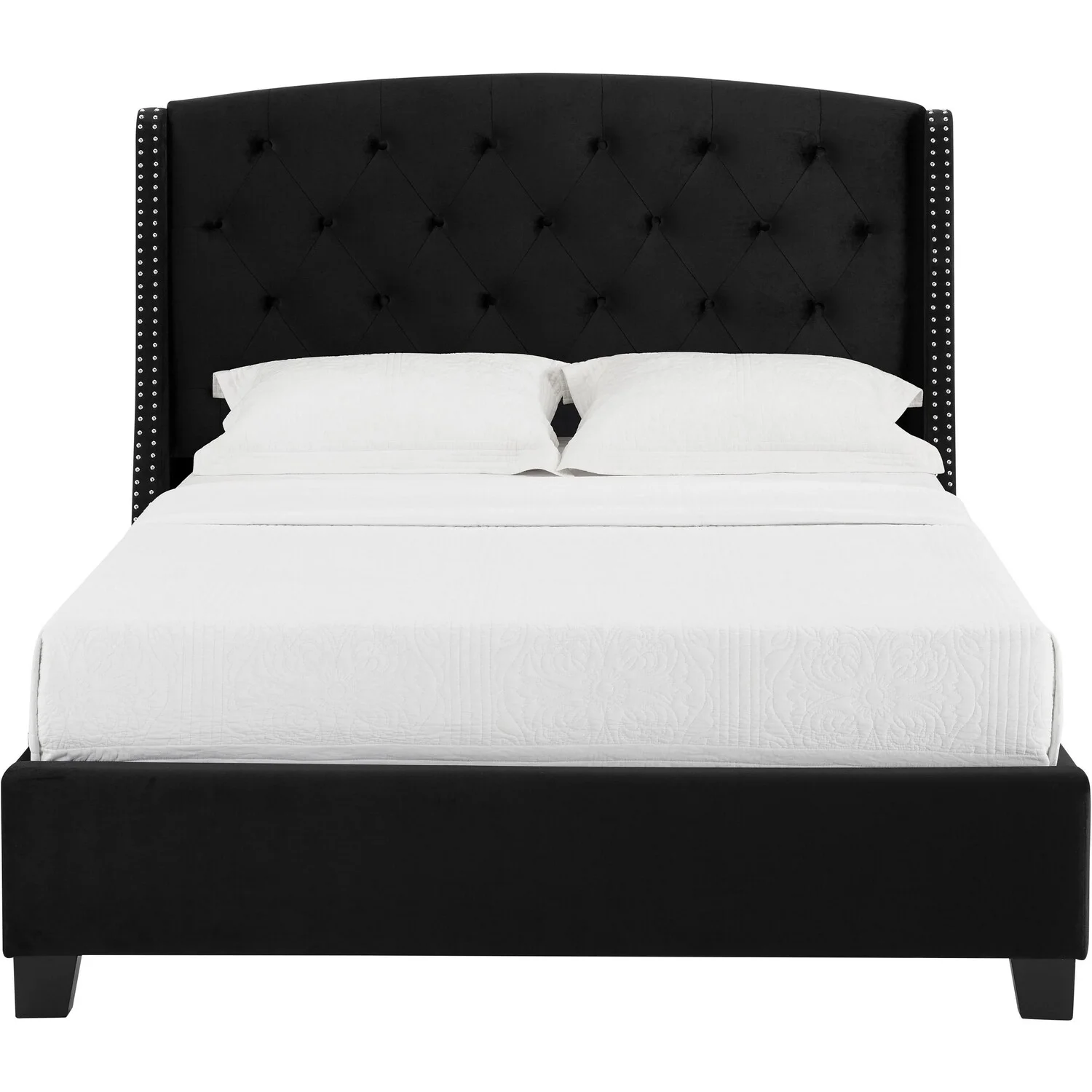 Benjara Elle Queen Size Bed, Low Profile, Black Button Tufted Upholstered Headboard