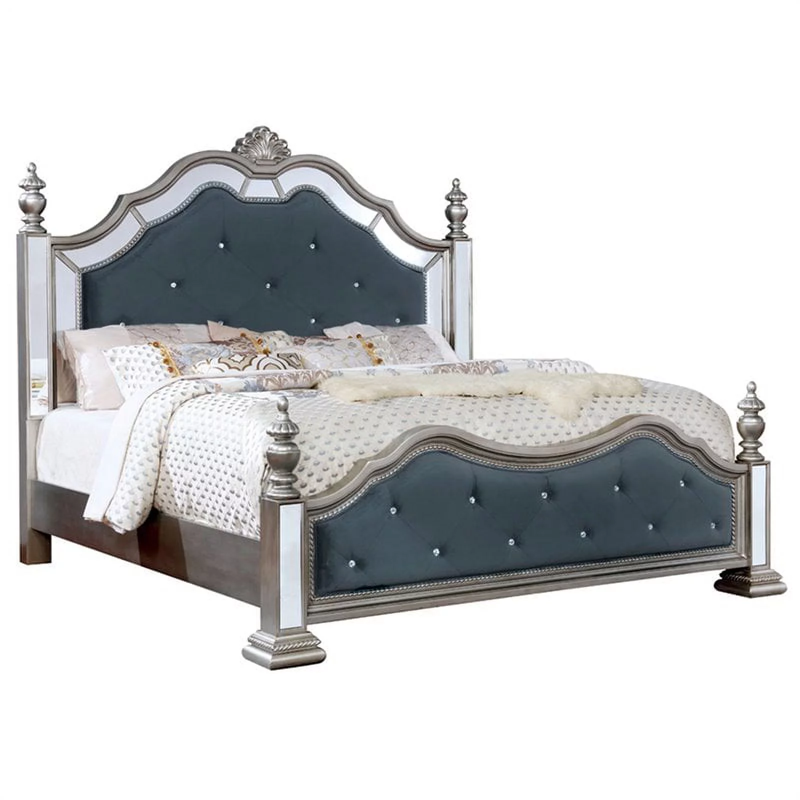 Furniture of America Viktoria Traditional Wood Queen Poster Bed in Silver