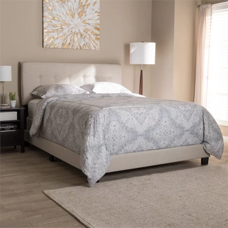Bowery Hill Fabric Tufted King Bed in Light Beige