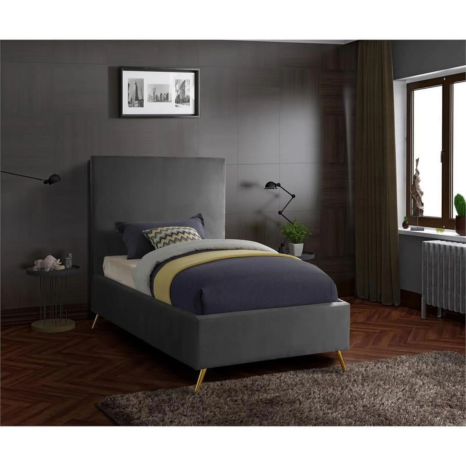 Meridian Furniture Jasmine Contemporary Velvet Twin Bed in Gray