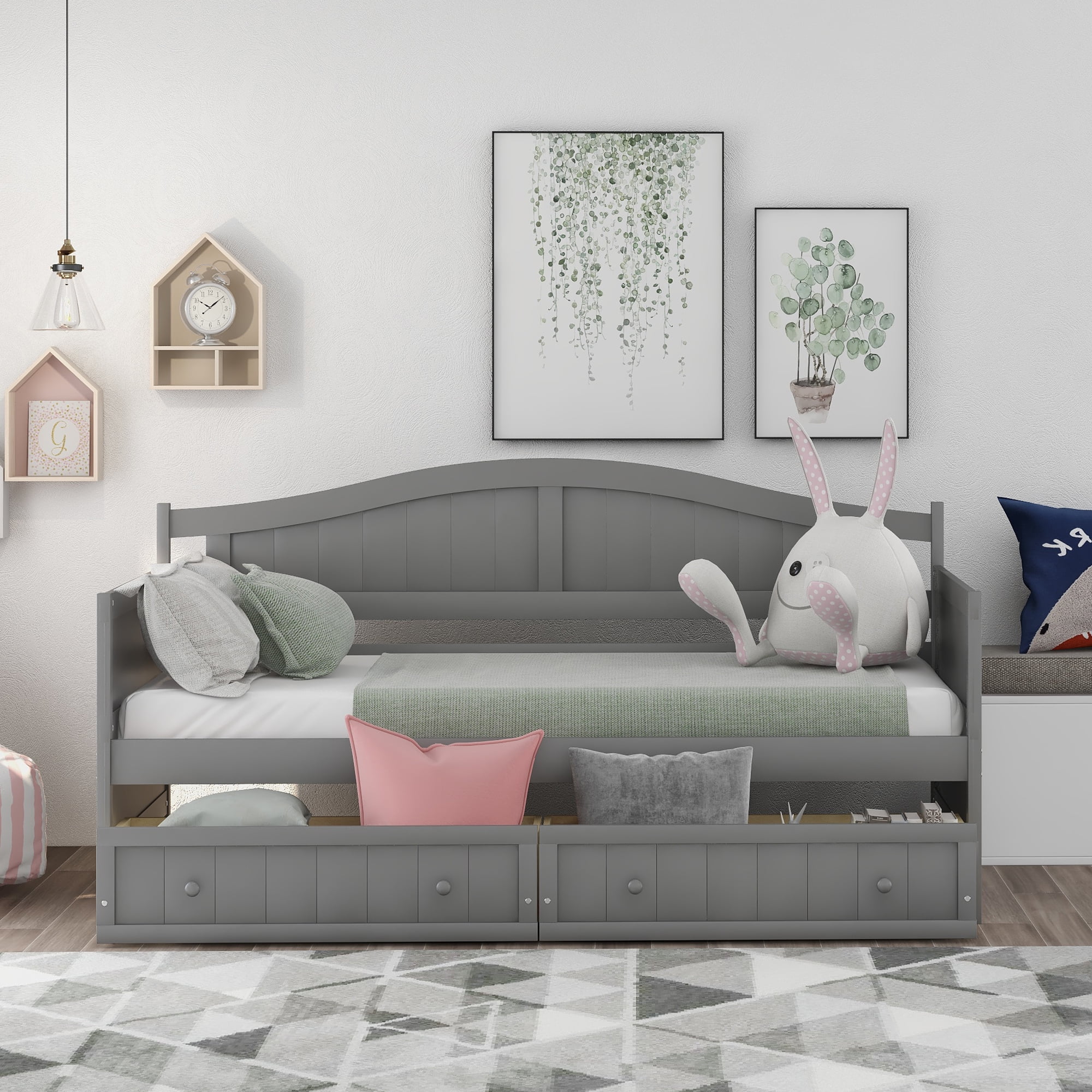 Nestfair Gray Twin Size Wooden Daybed with 2 Drawers