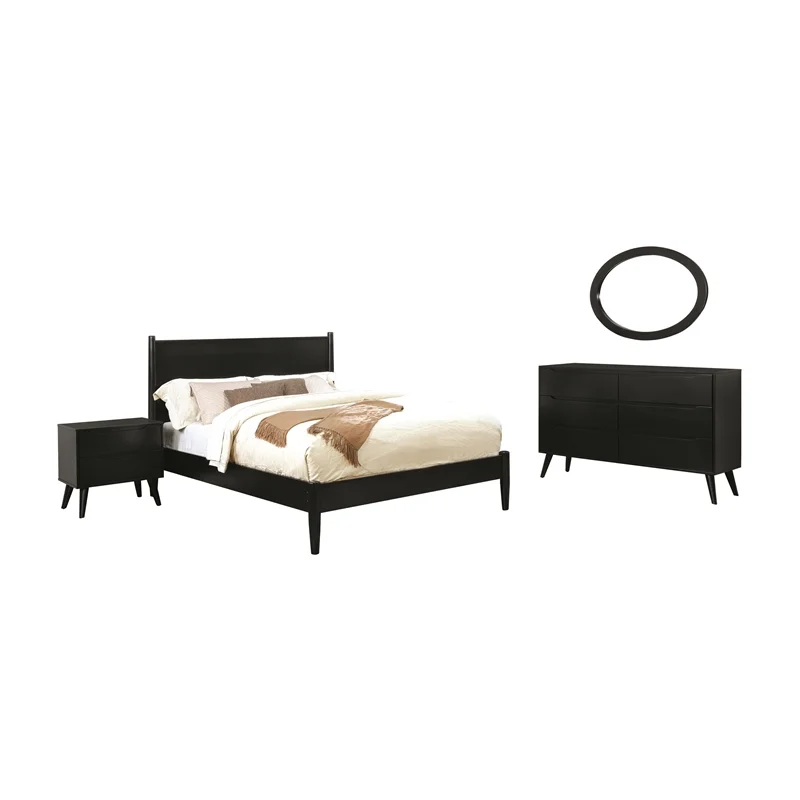 Allora 4pc Wood Bedroom Set - Cal King+Nightstand+Dresser+Oval Mirror in Black