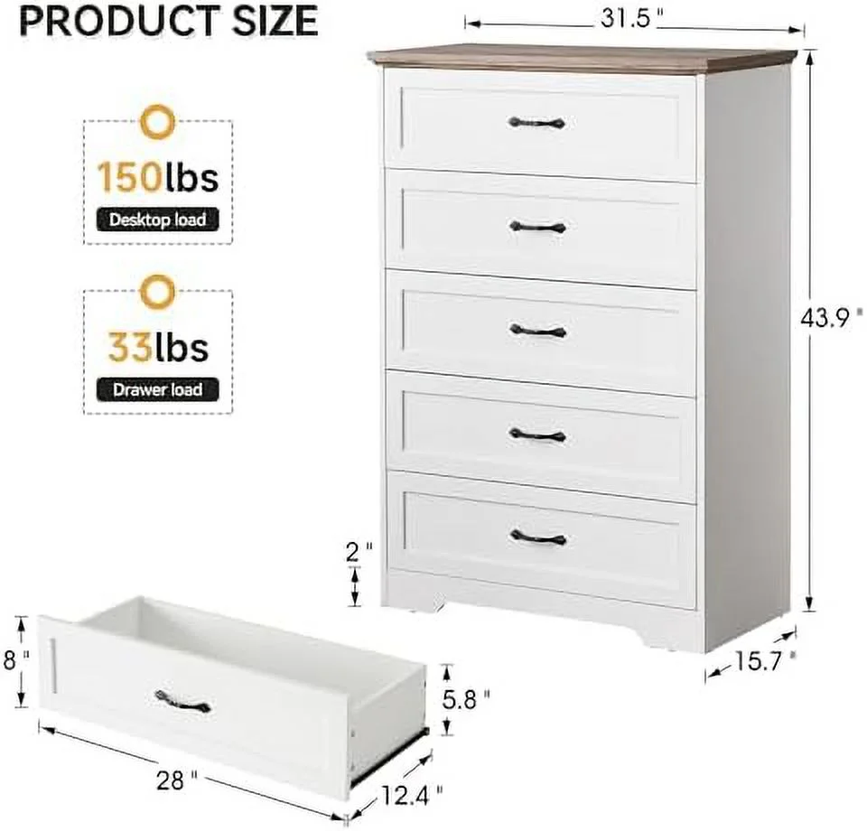 RUNFAYBIU Modern 5 Drawers Dresser Chest of Drawers Closet Organizers and Clothes Modern Dressers for Closet Living Room Bedroom (5 Drawers Dresser Brown&White)