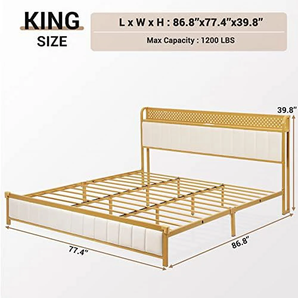 TJUNBOLIFE Queen LED Bed Frame with  Headboard  Queen Size Bed Frame with Outlets & USB Ports  Upholstered Platform Bed with LED Lights &  Space  No Box Spring Needed Dark Grey