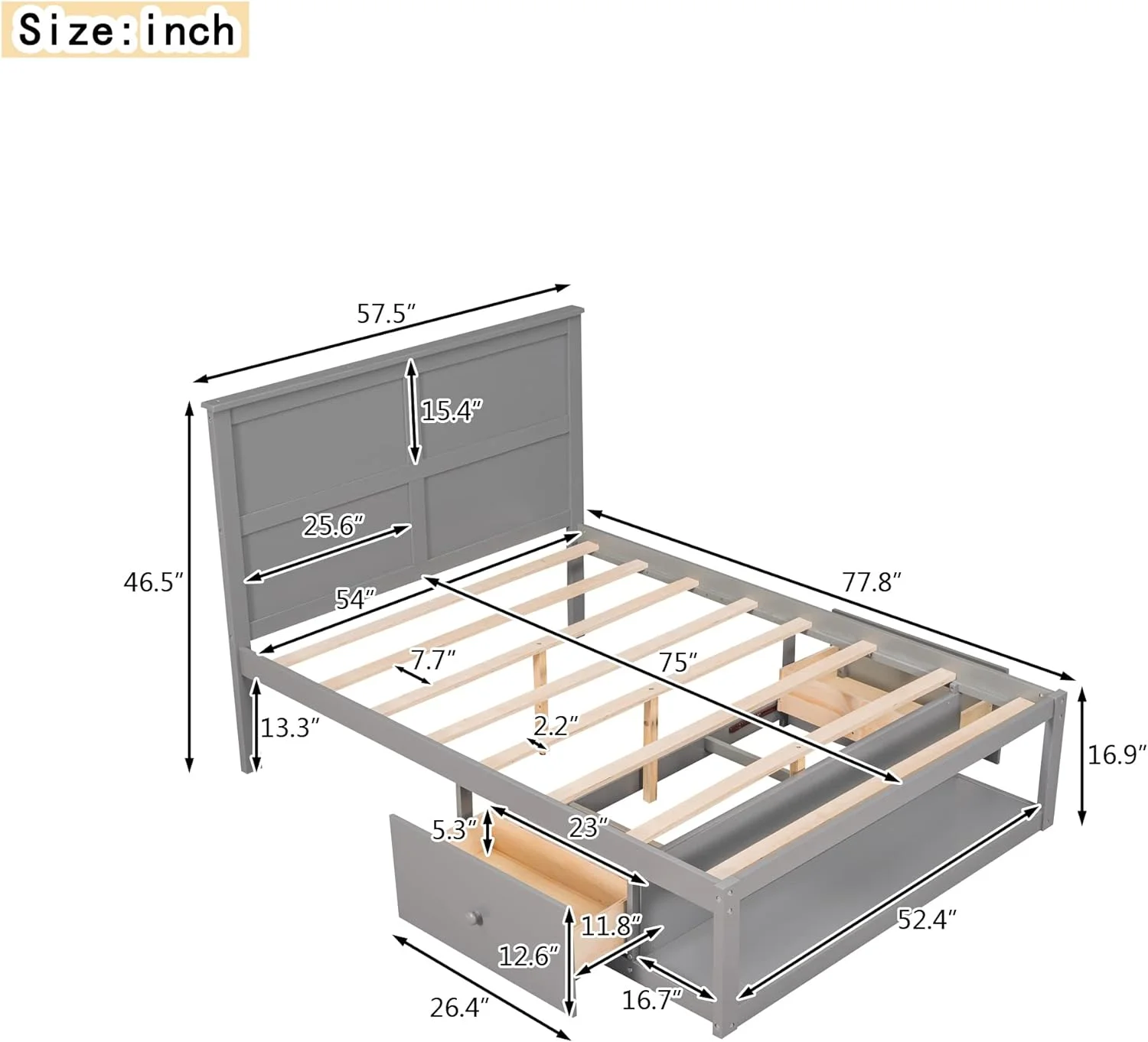 Full Size Bed Frame With Headboard Ad Drawers, Wood Full Bed Frame With Storage, Platform Bed Frame Full With Shelf O The Ed Of The Bed,o Box Sprig eeded,Grey