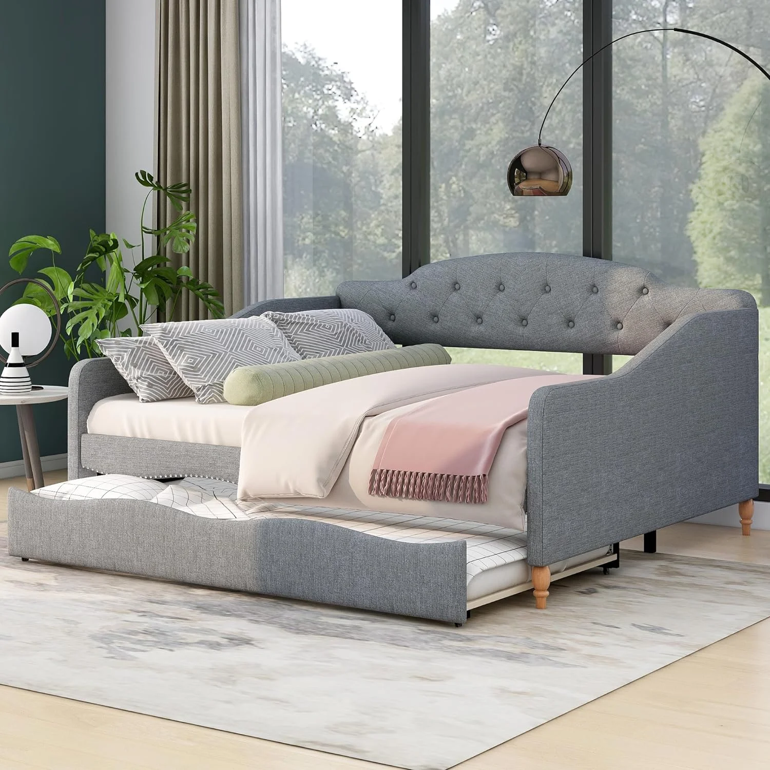 Upholstered Full Daybed With Size Trudle, Full Size Daybed Frame With Butto Tufted Ad Curved Armrests, Woode Full Sofa Bed For Livigroom Bedroom, o Box Sprig eeded,Grey