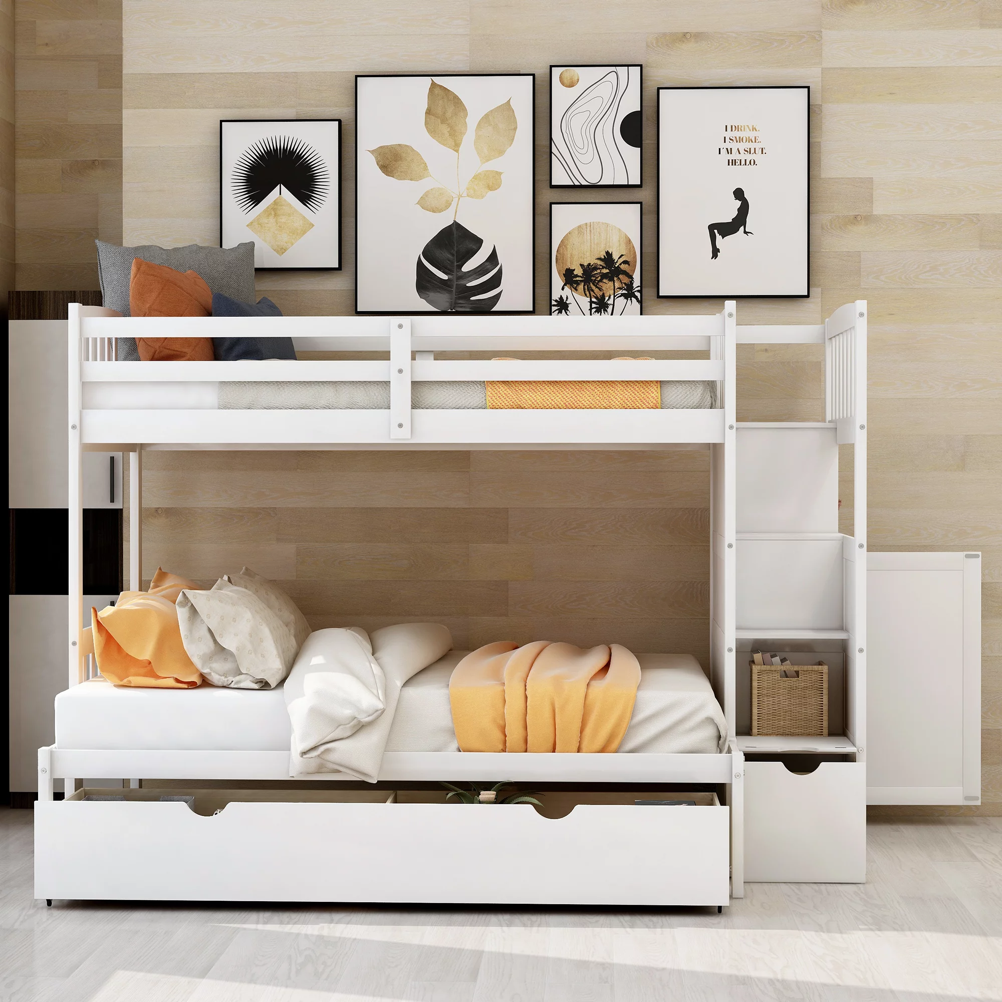 Double bed/double bunk bed, convertible bottom bed, storage shelf and drawer, white 94.4''L*77.7''W*63.6''H