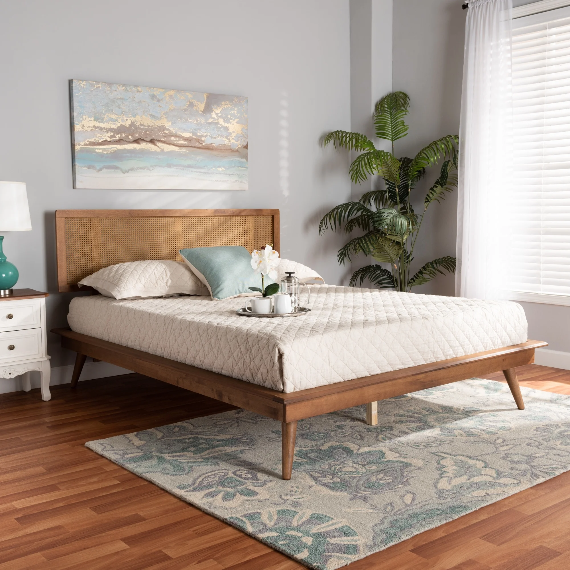 Baxton Studio Nura Mid-Century Walnut Brown Wood and Rattan Platform Bed - Full Queen