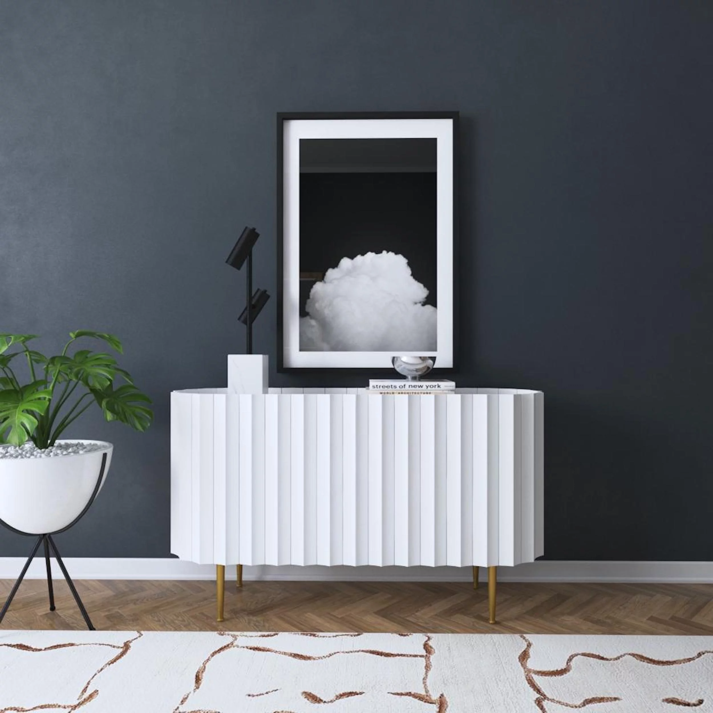 Powell Josie Mid-Century Modern 2-Door Wood and Iron Indoor Console Table with Shelves, White