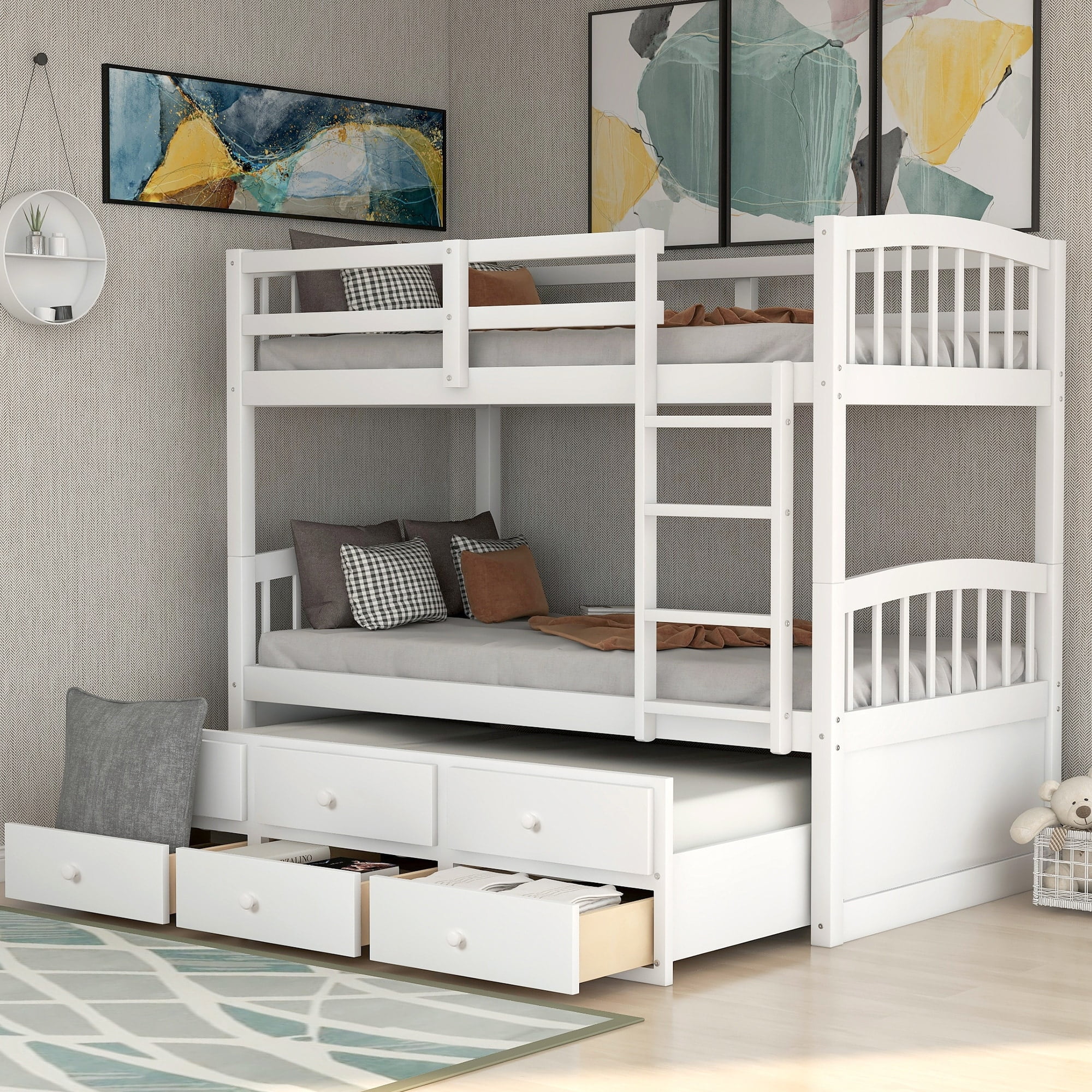 Home Adores Alison Twin Bunk Bed with Trundle and 3 Drawers 79''x42'' - White