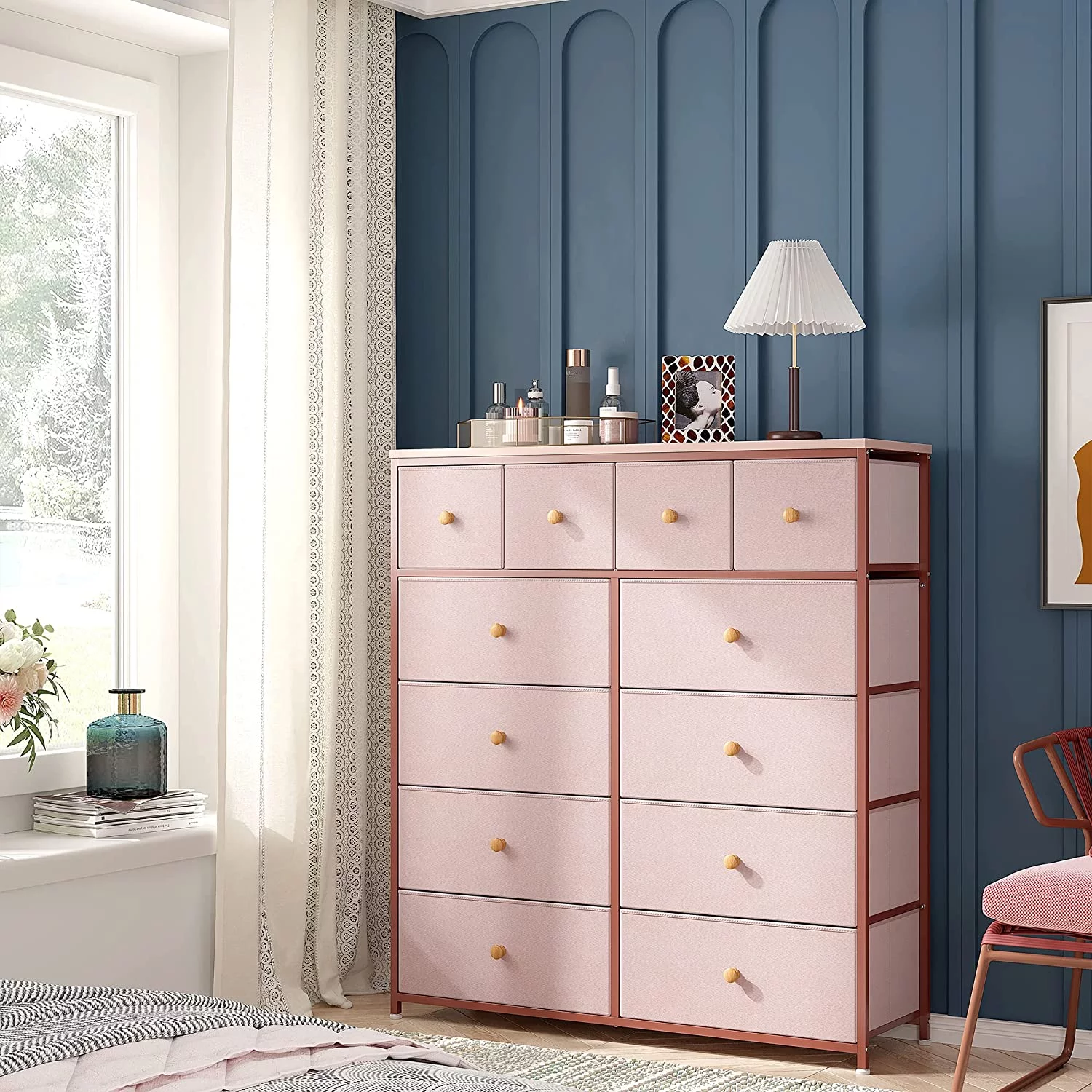 Pink Dresser for Girls Bedroom with 12 Drawers, Dresser for Bedroom with Sturdy Metal Frame and Wooden Top, Bedroom Dressers & Chests of Drawers for Bedroom, Nursery, Closet, Pink