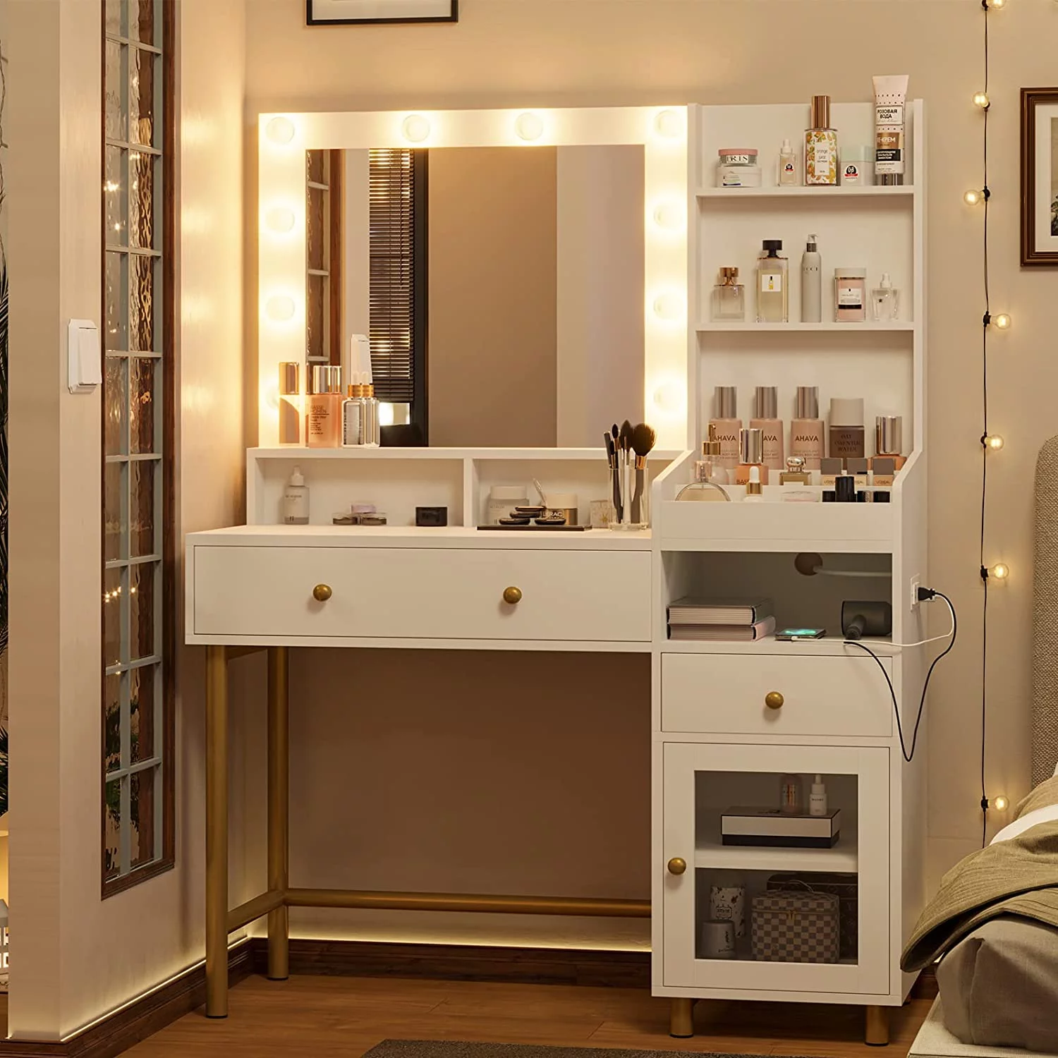 Vanity Desk with Lights in 3 Colors, Makeup Vanity with Charging Station, Unique Separation Design, White