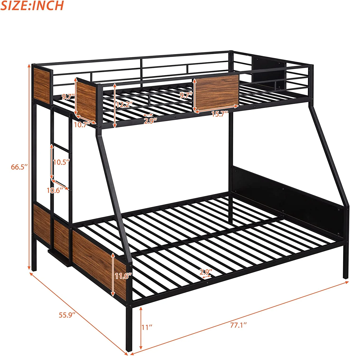 Metal Bunk Bed Over Full, Heavy Duty Bunk Bed Over Full Size With Built-In Ladder For Kids Boys Teens Bedroom, Dorm, Easy Assembly With Enhanced Guardrail, Black+MDF