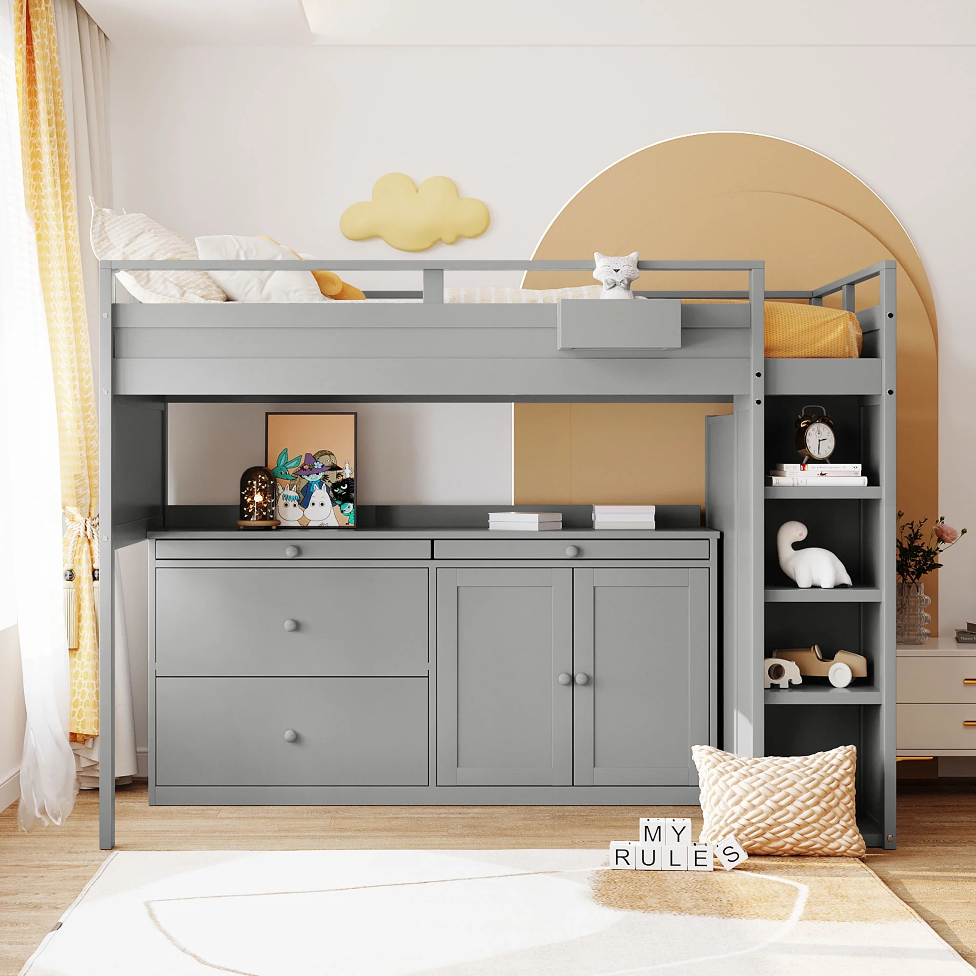 Ufurpie Twin Size Loft Bed with Rolling Cabinet, Desk and Drawers, Wood Twin Loft Bed Frame with Beside Storage Basket, Gray