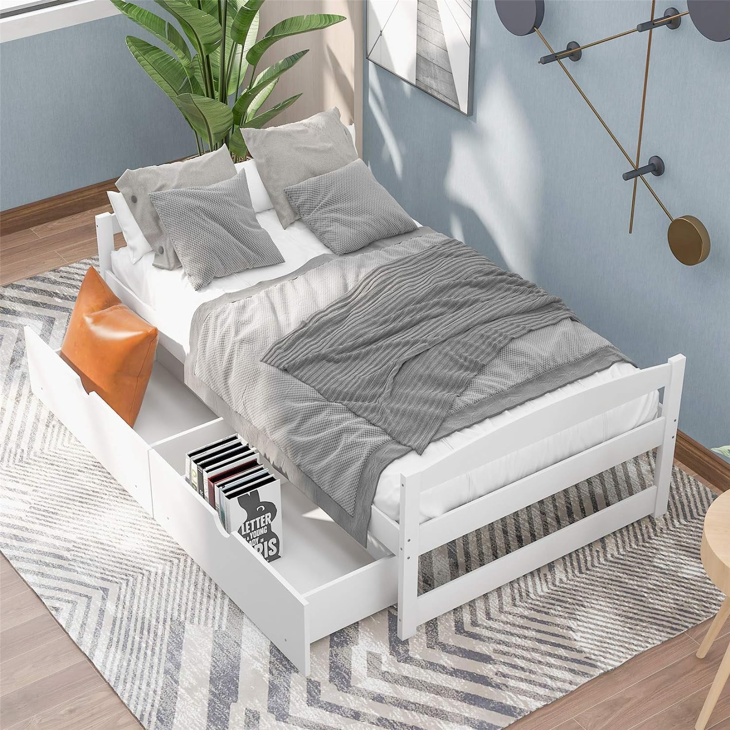 Platform Bed With Two Drawers/Wood Daybed Frame/Wood Slat Support/No Box Spring Needed/Easy Assembly, White