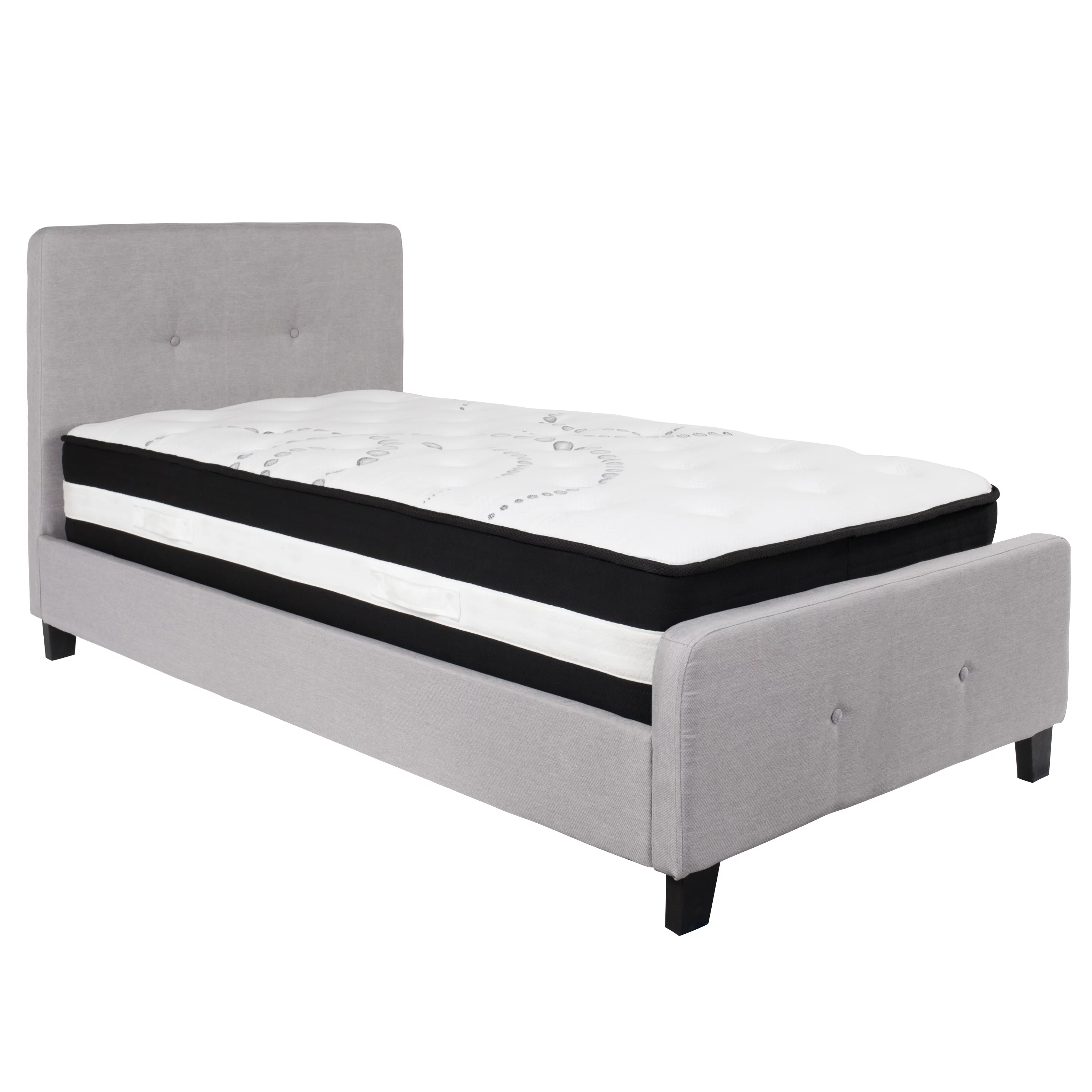 Emma + Oliver Twin Two Button Tufted Platform Bed/Mattress-Light Gray Fabric