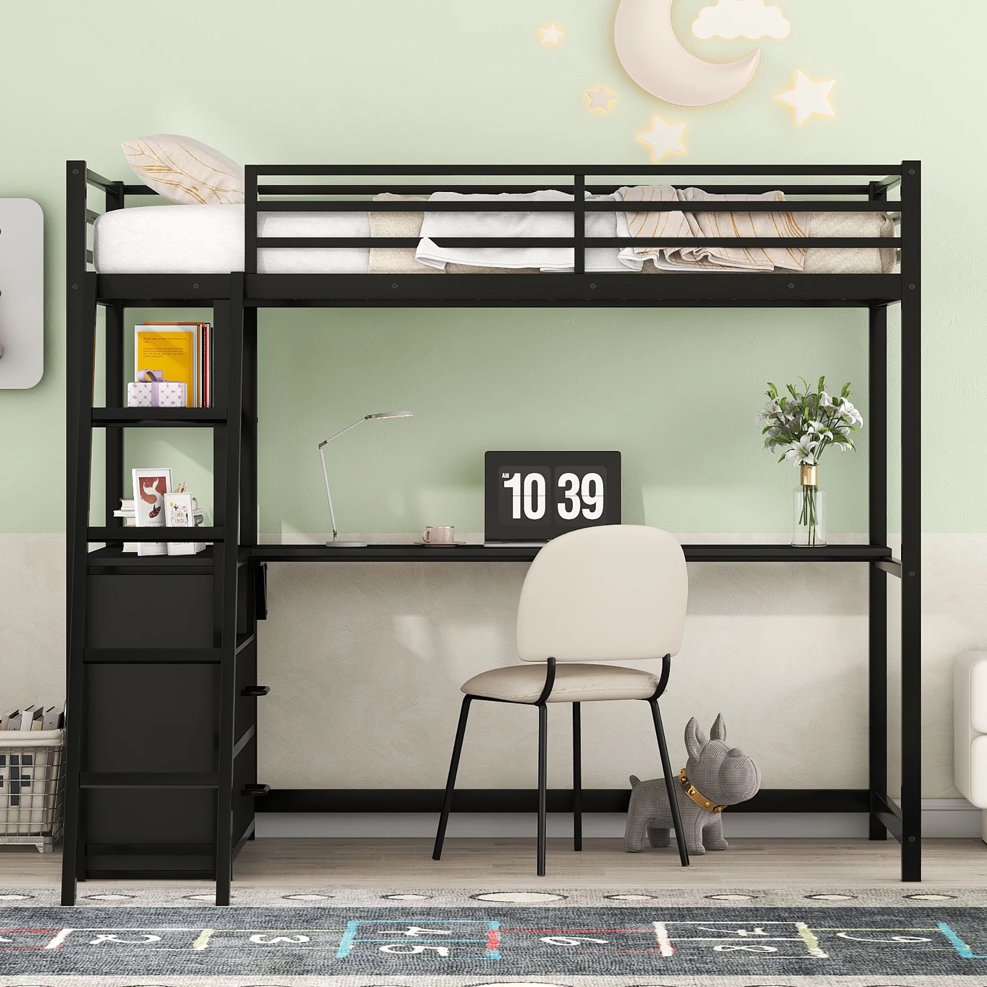 Euroco Twin Size Metal+Wood Loft Bed for Kids, Built-in Desk, Shelf and Drawers for Study and Storage, Space-Saving Metal Frame, Black