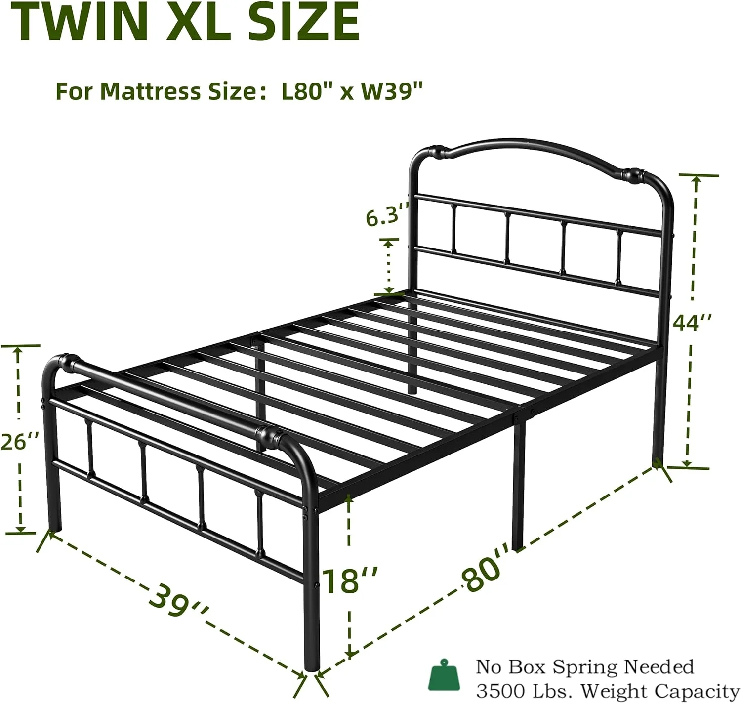 Twin XL Bed Frame with Headboard and Footboard, 18 Inch High, Heavy Duty XL Twin Bed Frame with Headboard, No Box Spring Needed, Under Bed Storage, Easy Assembly, Noise-Free, Black