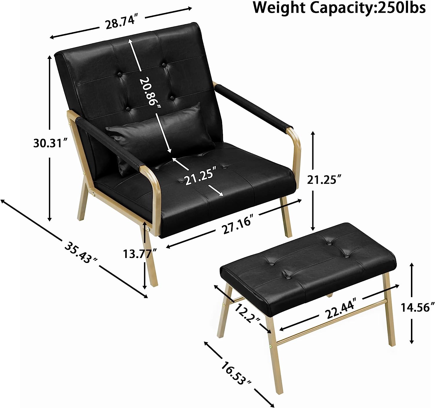 Mid Century PU Leather Accent Chair with Ottoman, Comfy Armchair with Lumbar Pillow and Footrest, Upholstered Tufted Lounge Single Sofa Sleeper Chair for Living Room, Bedroom, Office