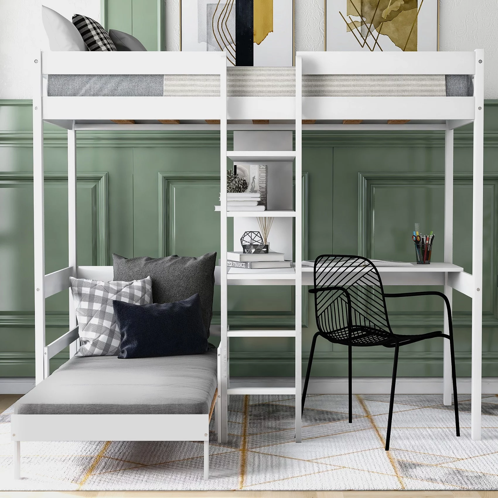 Twin Bunk Bed with Shelves and Ladder for Boys and Girls Convertible Loft Bed with L-Shape Desk and One Mattress
