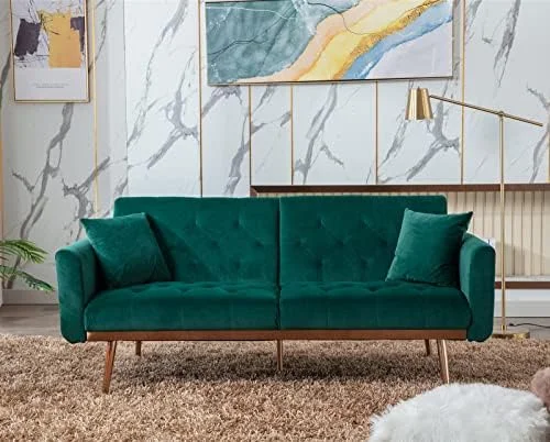 RUNFAYBIU Futon Sofa Bed with 3 Adjustable Positions  Small Sleeper Sofa Loveseat with 2 Decorative Pillows  Modern Upholstered Convertible Couch with 5 Metal Tapered Legs  White Teddy