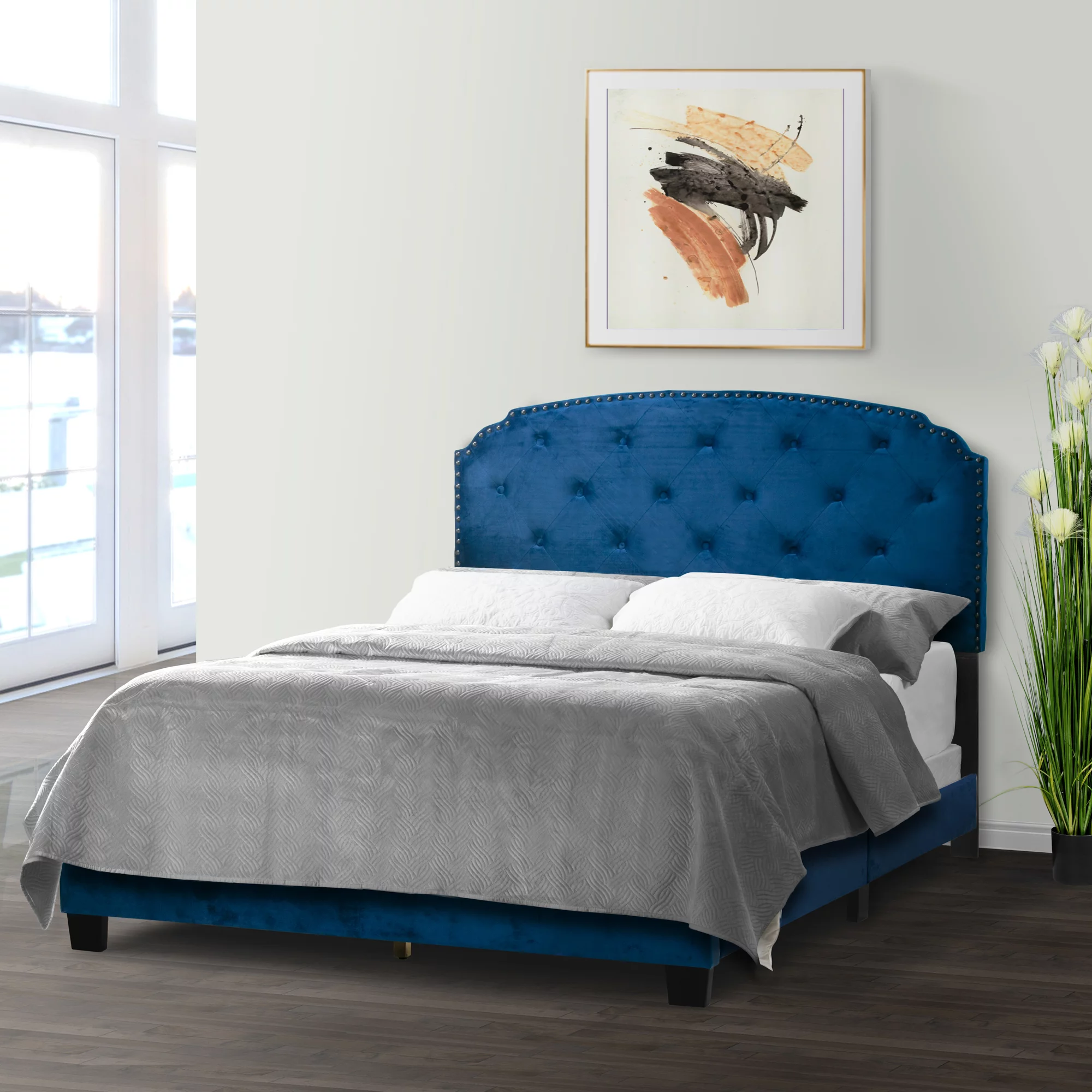 Glamour Home Arin Queen Bed with Button Tufting and Nail Head Trim in Blue