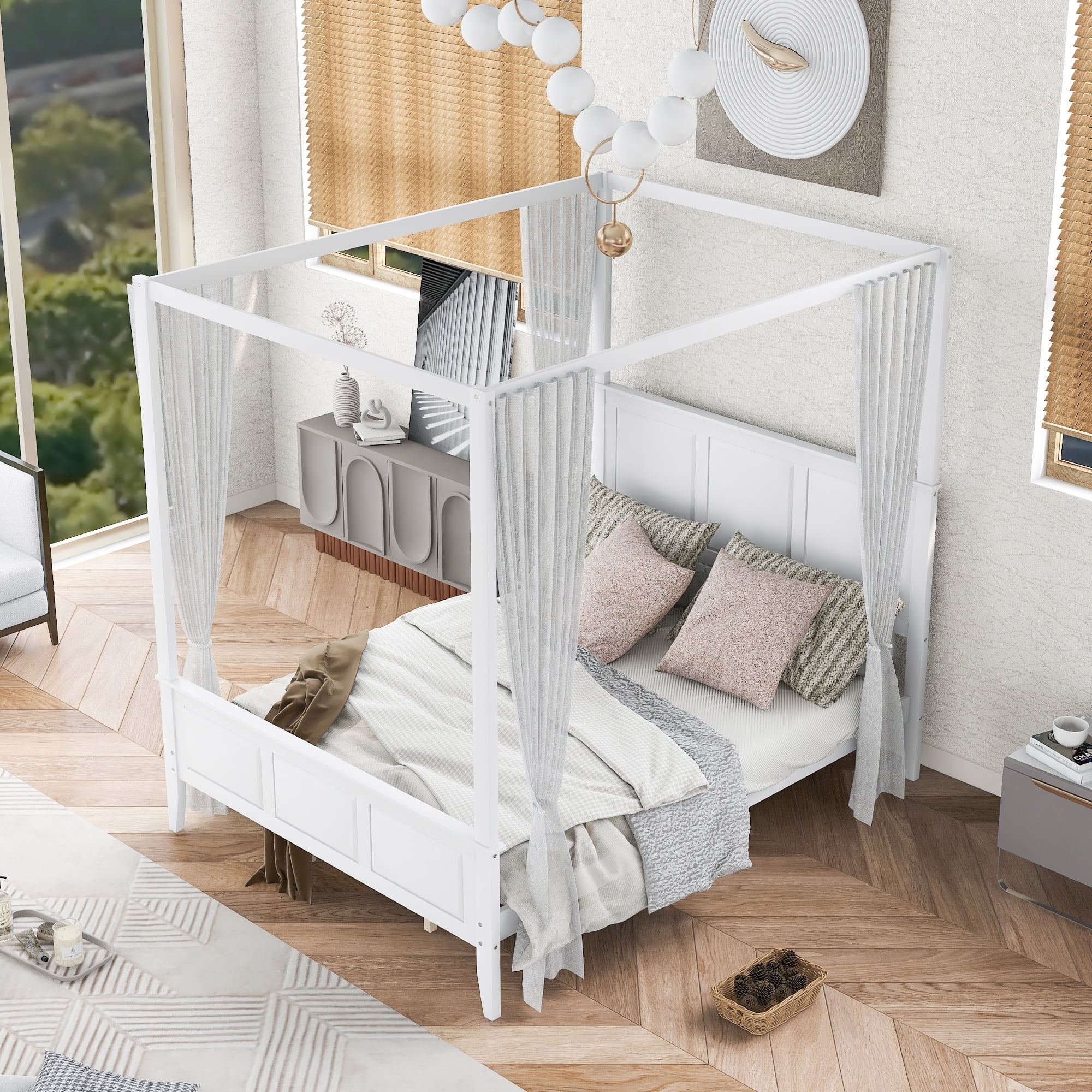 Euroco Queen Size Canopy Platform Bed with Four Slat Support Leg, White