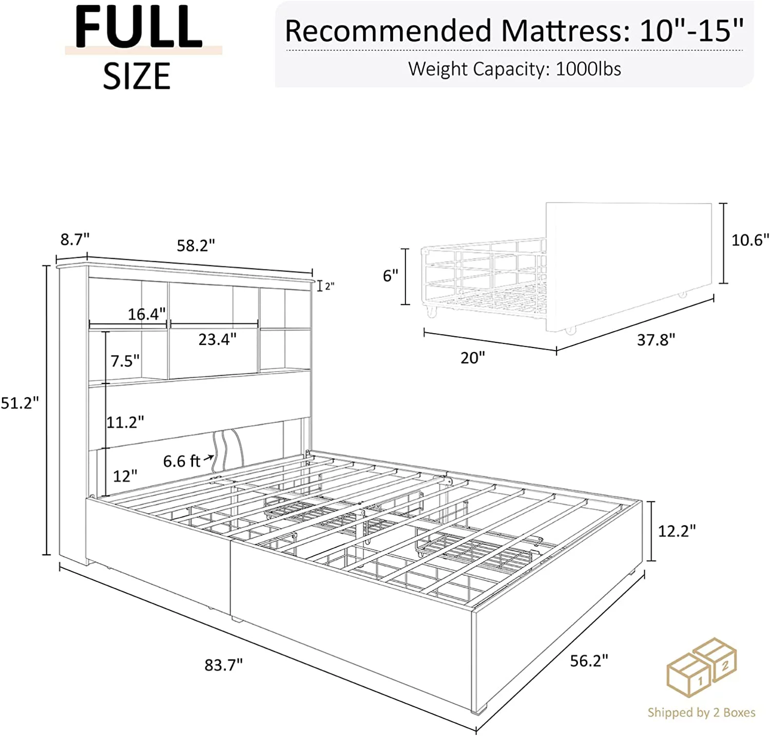 AMERLIFE Full Size Bed Frame Wooden Platform Bed with 51.2 Storage Bookcase Headboard, 4 Storage Drawers & Charging Station/No Box Spring Needed/Noise Free/Rustic Brown