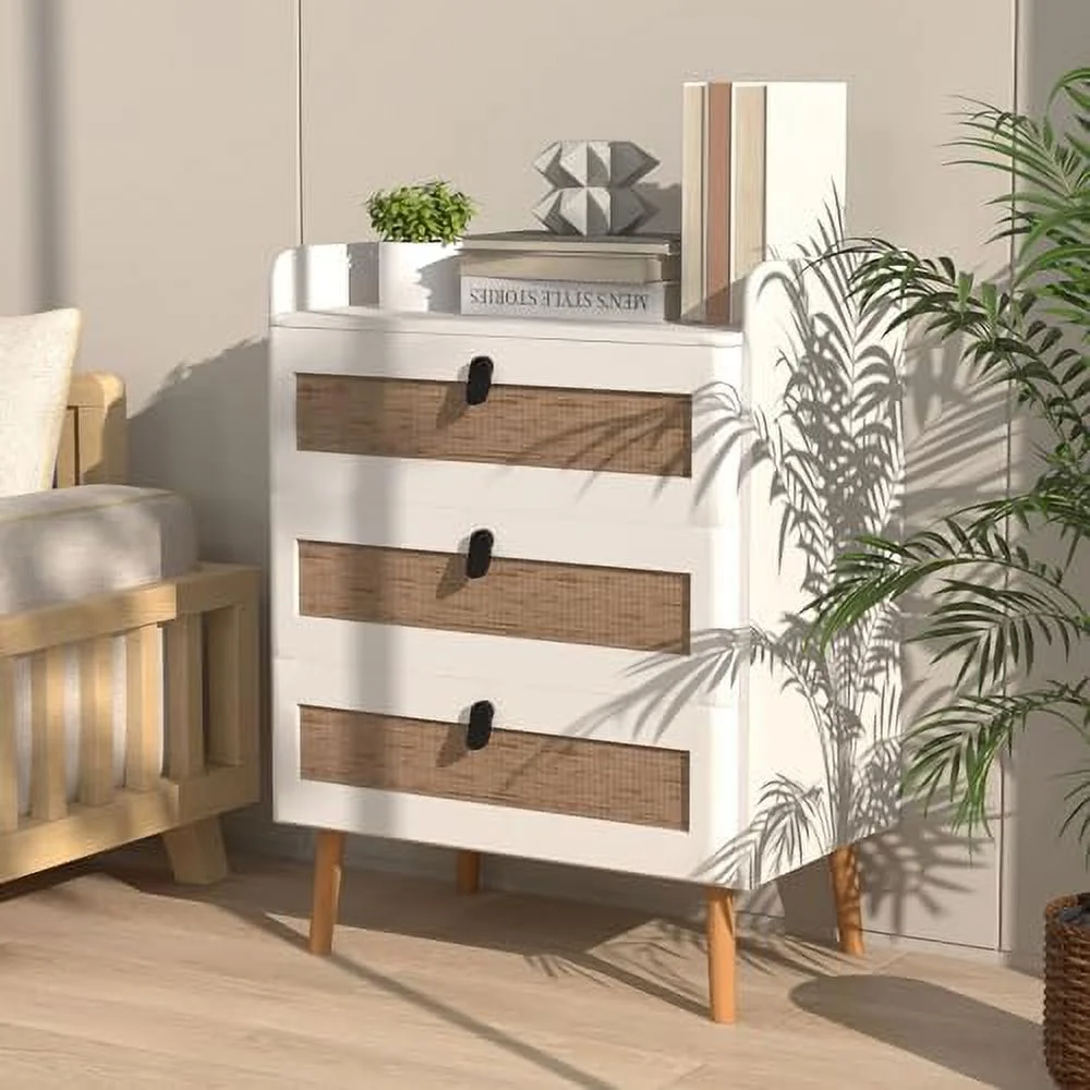 KHBIULIFE Rattan Nightstand Set of 2   3-Drawer Dresser with 4 Solid Wood Legs  29.5" Wood Bedside Table for Small Space  Modern Accent  Chest of Drawers for Bedroom  White
