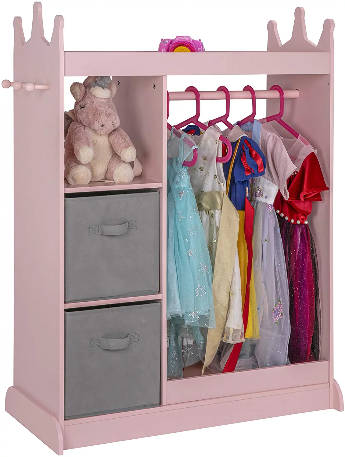 SalonMore Kids Dress up Storage with Mirror and Storage Bin,Kids Armoire Dresser with 2 drawers, Costume Closet for Kids, Pretend Storage Closet for Child,Costume Storage Dresser Pink